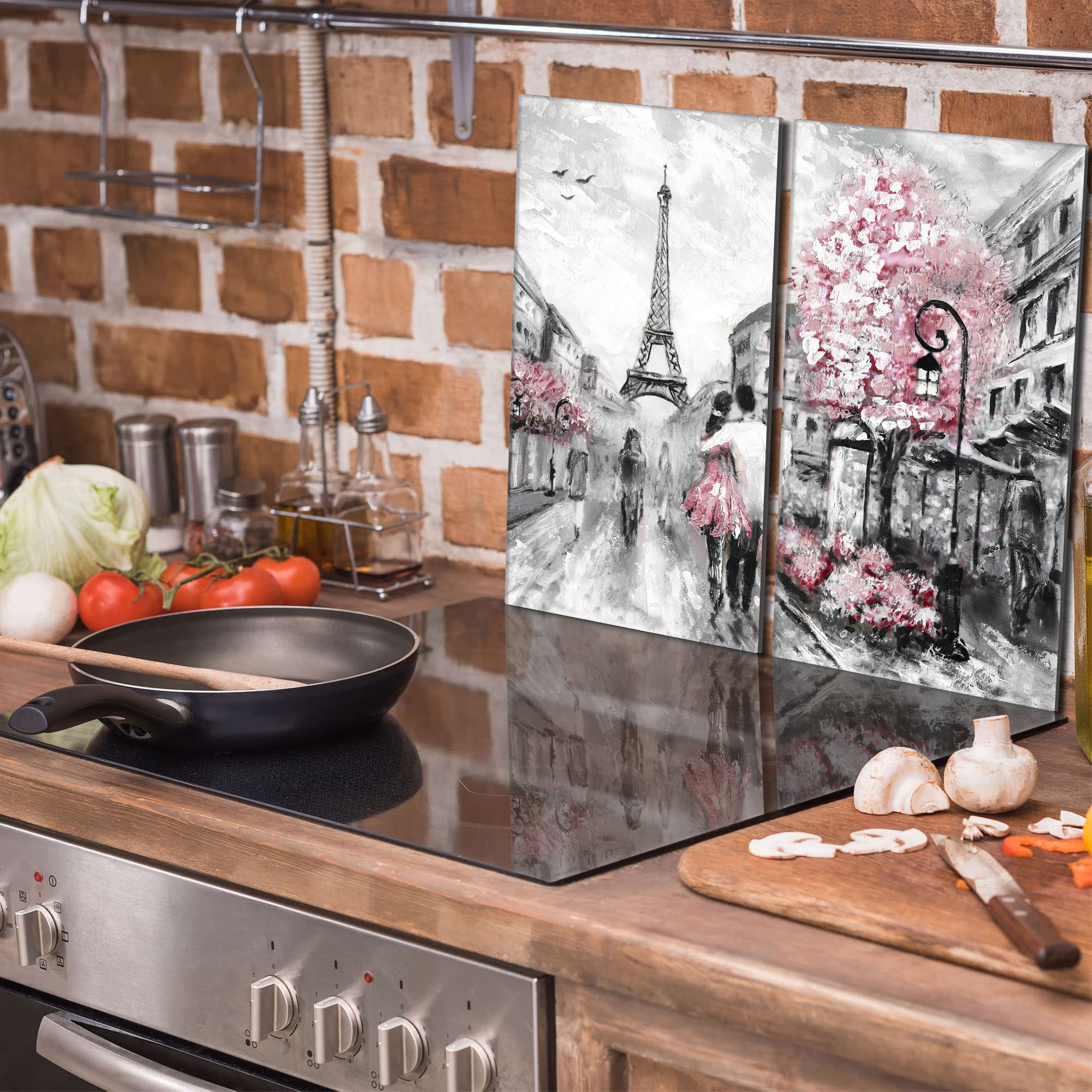 Tabla de cortar decorativa de cristal templado y cubre vitro, Placa protectora de vitrocerámica 30 x 52 cm 2 piezas, para inducción, protección contra salpicaduras, decoración, PARÍS