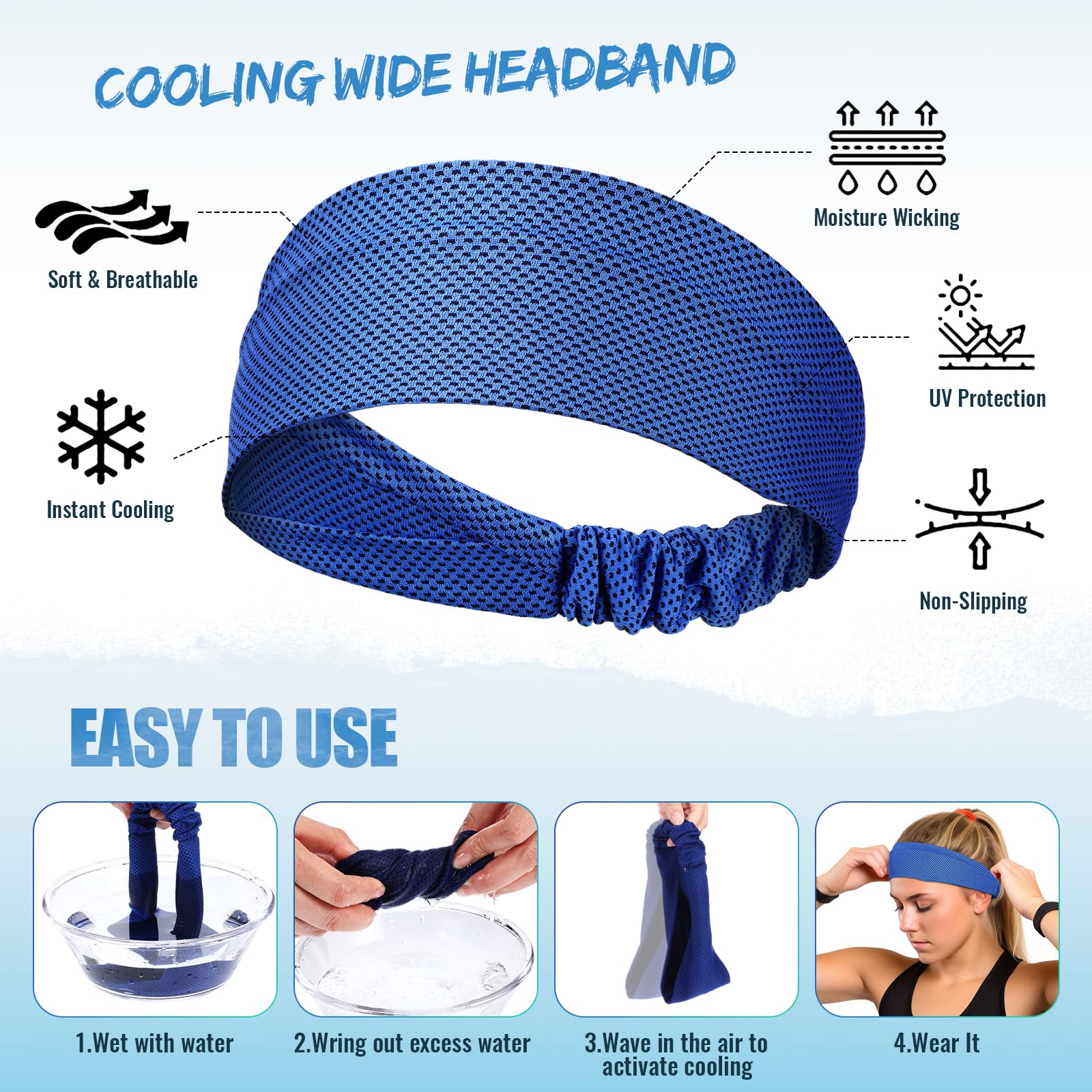 Coume 4 Pcs Cooling Headbands for Women Men Sweat Absorbing Headbands Stretchy Sports Hair Bands for Running, Yoga, Golf, Camping, Biking, Tennis (Sky Blue, Green, Rose Red, Royal Blue)