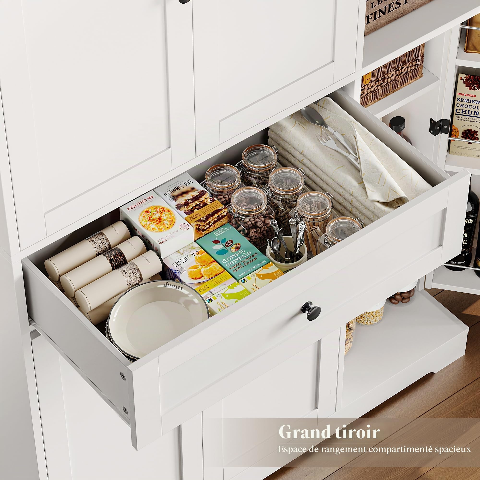 HOSTACK Armoire de Rangement Haute de 172 cm pour Cuisine et Garde-Manger, Meuble de Cuisine Moderne avec Portes et Étagères, Garde-Manger Autoportant avec Grand Tiroir de Rangement pour Salle à