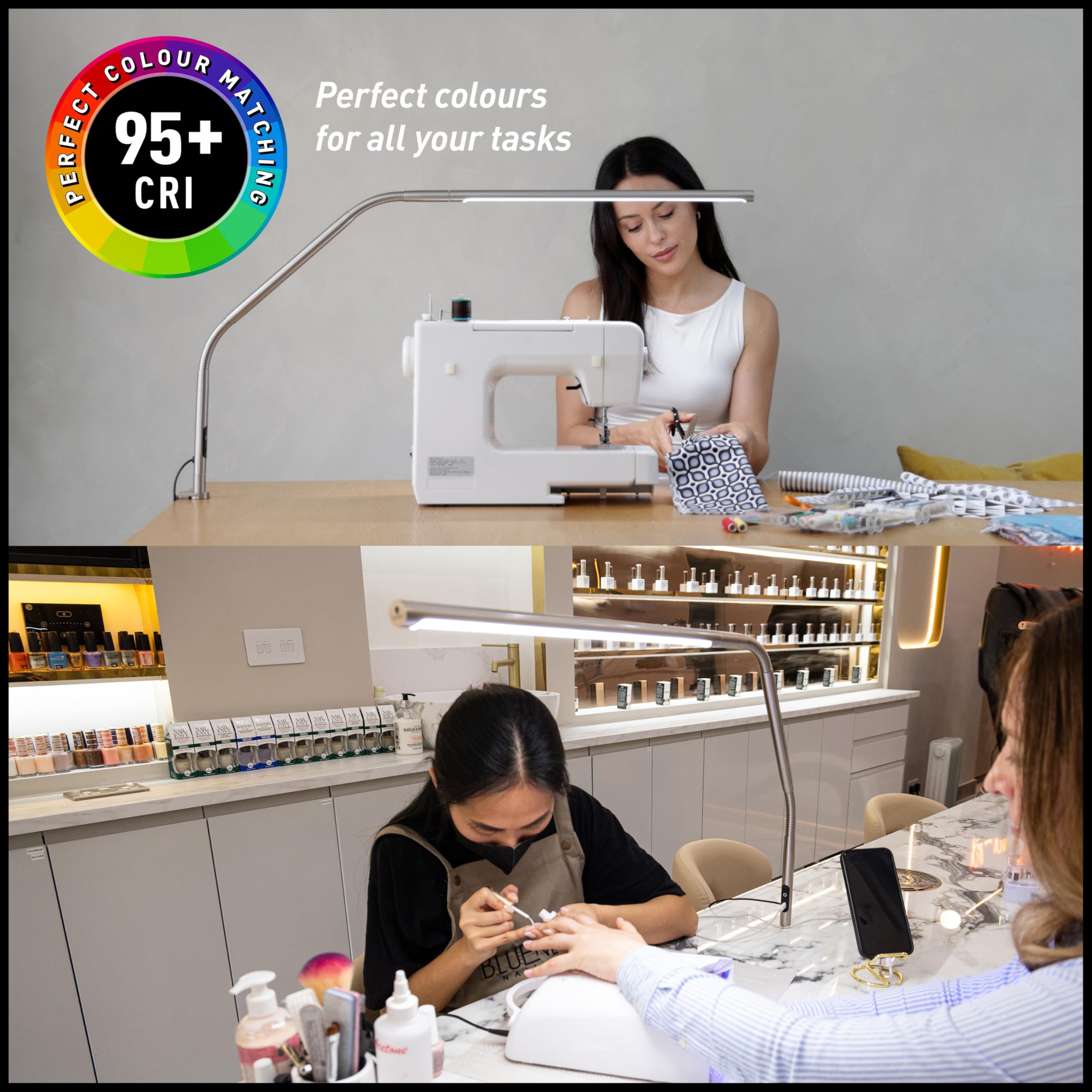 Daylight Slimline 4™ – Lámpara de Mesa LED – 6000K, 3200 Lux, 4 Niveles de Brillo, Puerto de Carga USB-C, Difusor Antirreflejos, Lámpara de Escritorio Ajustable para Arte,Acero Cepillado