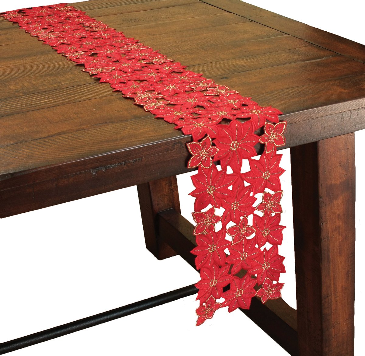 Chemin de table Noël brodé poinsettia en cutwork raffiné mini 157cm