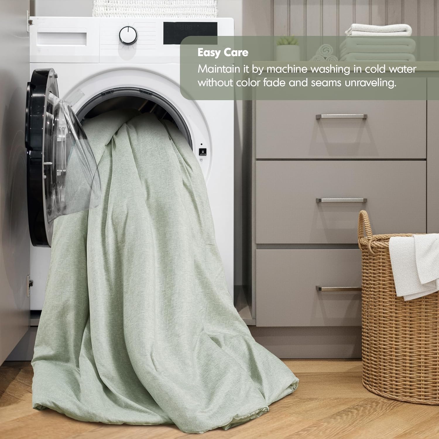 King Size Comforter Set, Lightweight Sage Green Soft Bedding for All Seasons, 3 Pieces Chambray Print Solid Farmhouse Bed Set, Comforter & Shams - Image 6