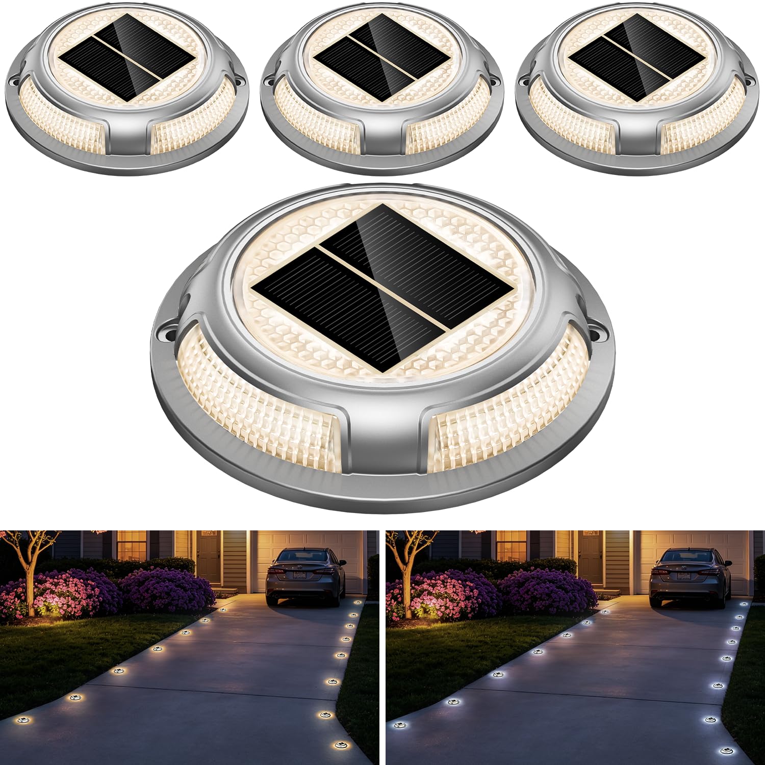 NIBUUECER Solar Driveway Lights 4 Pack, 2 Colors in 1 Solar Powered Deck Dock Marine Outdoor Led Waterproof Dock Lights for Outside Pathway Sidewalk Walkway Step Stair (Cool/Warm White)