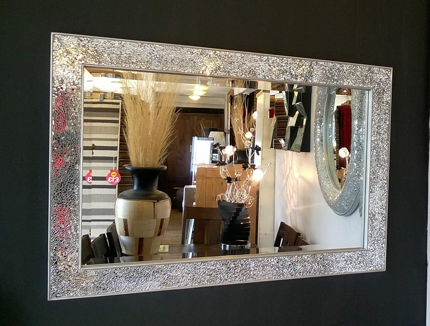 Biznest Silver Large Crackle Design Wall Mirror Bevelled Edge Frame Mosaic Glass 90X60cm New Home Decor Gift