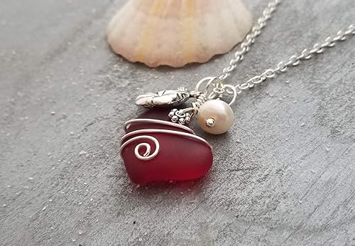 Miniatura 5 de Handmade in Hawaii, Ruby Red Heart Sea Glass wire wrap, Hibiscus and Natural pearl,"July Birthstone", (Hawaii Gift Wrapped, Customizable Gift