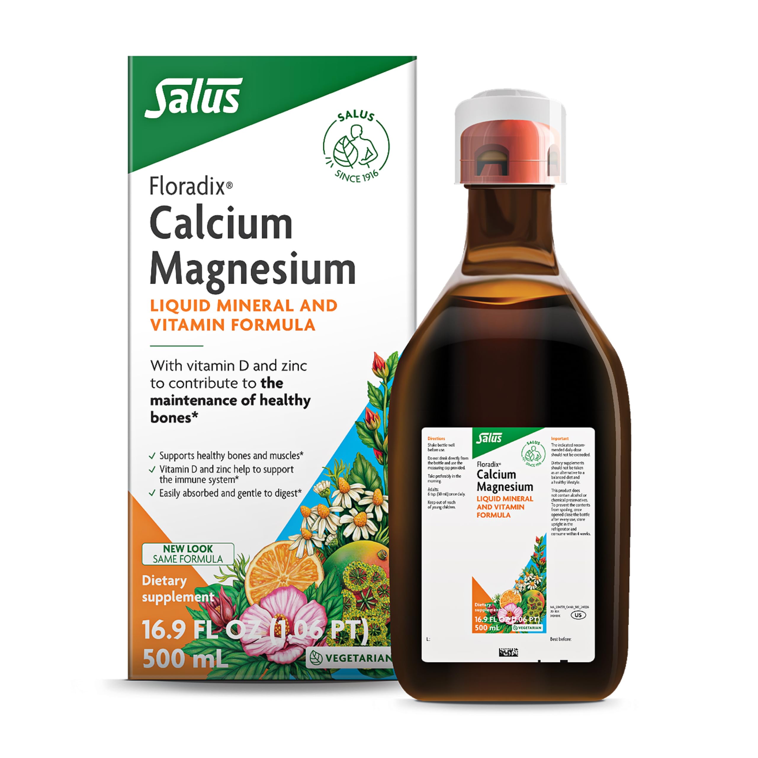 Floradix Calcium Magnesium Liquid Herbal & Mineral Supplement - Bone Support Supplement* with Calcium, Magnesium, Vitamin D & Zinc - Vegetarian, Non-GMO - 16.9 fl oz