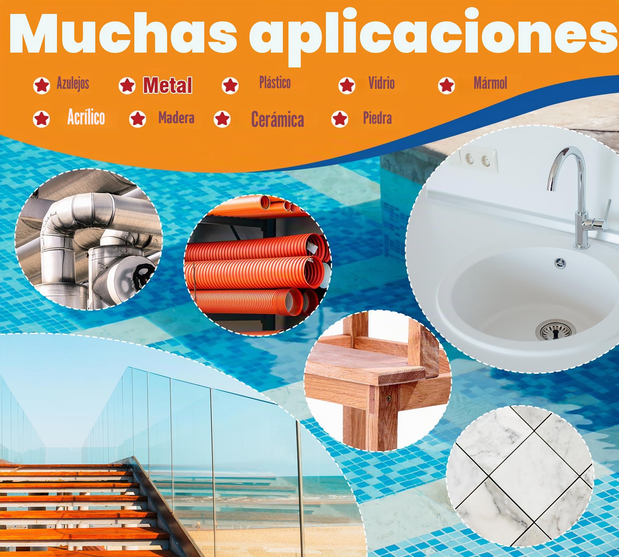 Masilla Epoxi Blanca 340g, Masilla Reparación Piscina Bicomponente, Adhiere, Repara Fugas, Grietas y Agujeros en el Agua o en Seco, para Azulejos, Hormigón, Madera, Metal, Cerámica, Vidrio y Acrílico