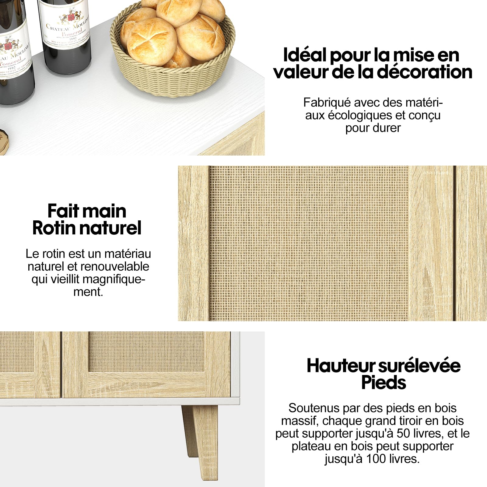 Panana Meuble de Rangement en Rotin et MDF, Buffets Haut Aspect sur Salon, Chambre, 69 x 38 x 88 cm (Blanc et Bois), MEFRSB57