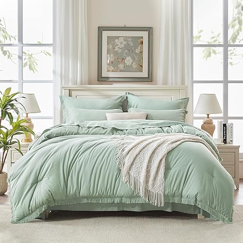Miniatura 4 de Andency Juego de edredón de tamaño matrimonial, color verde salvia, 7 piezas, ropa de cama bohemia con borlas en una bolsa, juego de ropa de cama