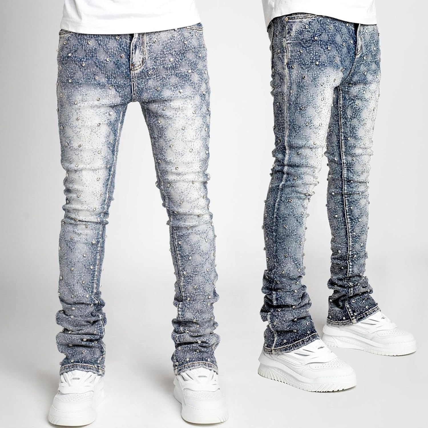 Men's Slim Fit Skinny Stacked Rhinestone Jeans Stretch Fit Stylish Streetwear Causal Y2K Denim Pants - Image 2