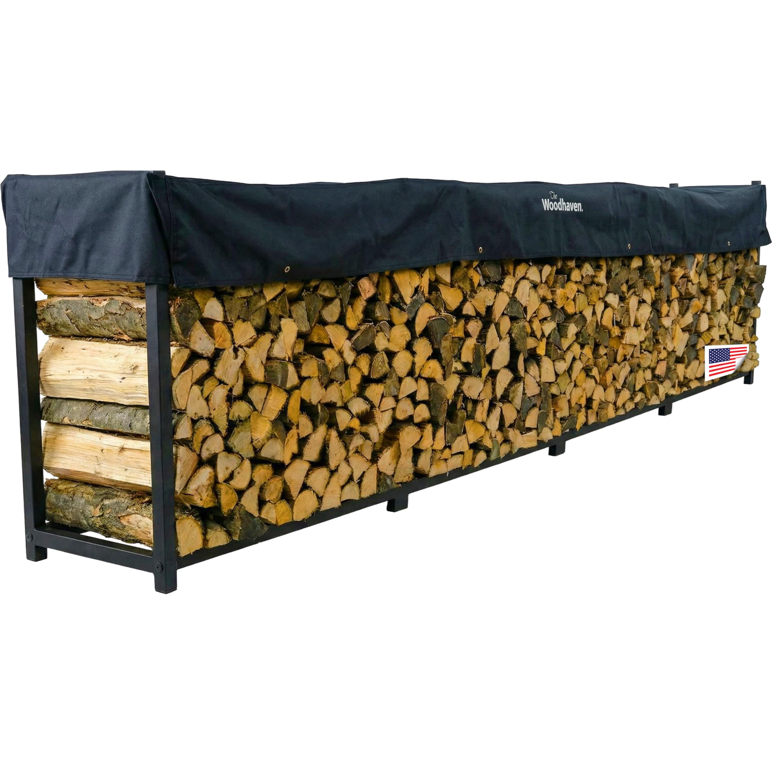 Woodhaven 16 Foot Black Large Outdoor Firewood Rack With Seasoning Cover - 1 Cord Fire Log Holder - Powder Coated Steel Firewood Holder - Made In USA