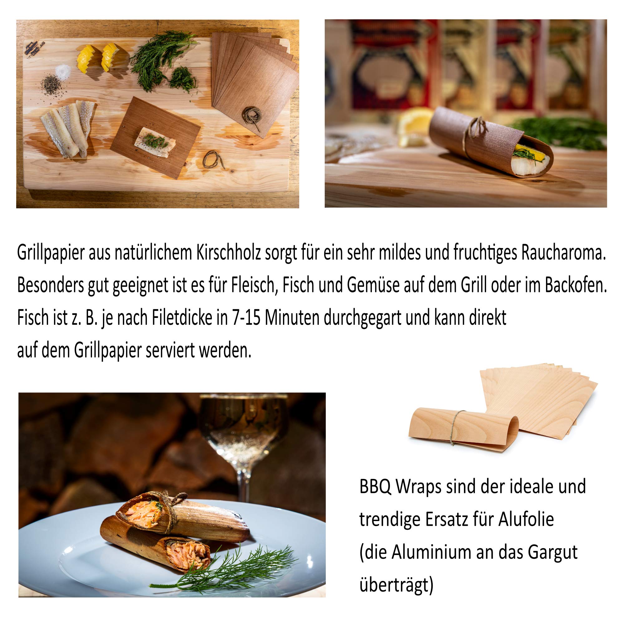 Axtschlag 4+1 Set Räucherchips BBQ Favorites + GRATIS 8X Grillpapier, für Gasgrill, Elektrogrill und Kohlegrill, 4kg Hickory, Kirsche, Buche und Whisky