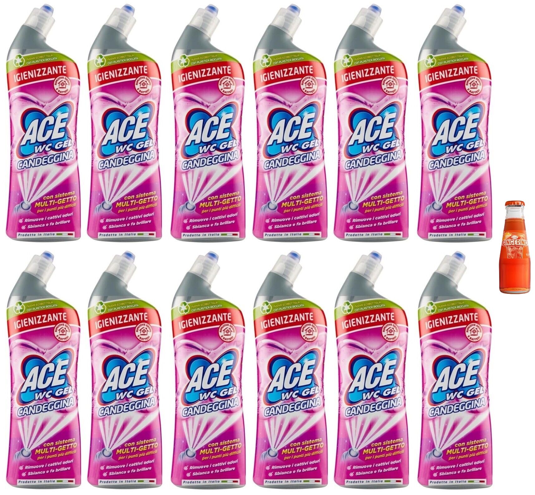 12x ACE Wc Gel con Candeggina, detergente per WC con sistema multigetto,700ml +1x Gingerino Recoaro Aperitivo Italiano 10cl IN OMAGGIO