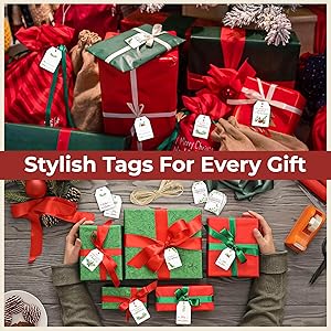 Woodamore Merry Christmas Gift Tags with String - 80 Pcs Christmas Name Tags for Gifts, Bulk Christmas Tags for Gifts with String, Happy Holiday Gift Tags for Presents, Modern Paper Xmas Label