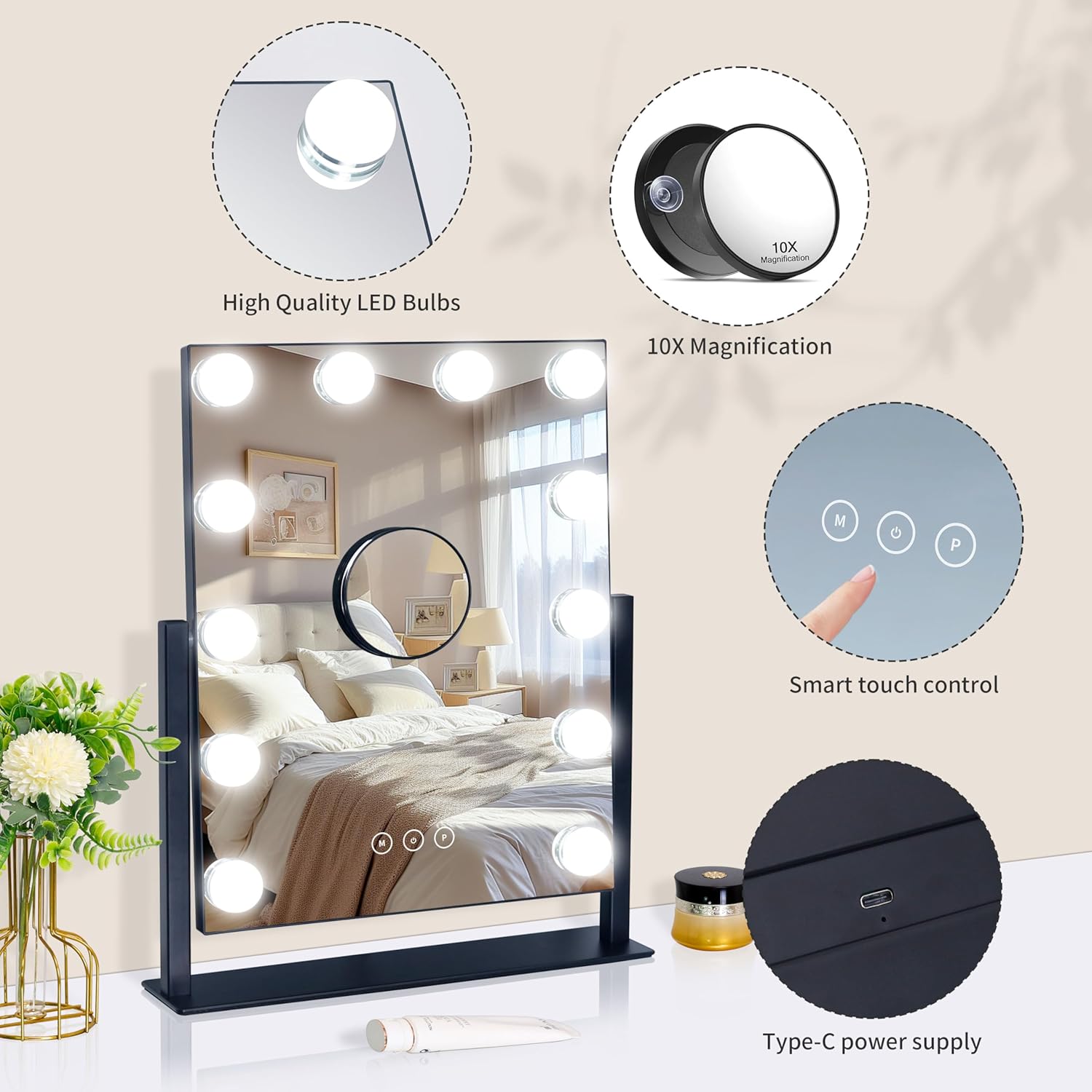 Vanity Mirror with Lights,Lighted Vanity Mirror with 12 Dimmable Bulbs for Dressing Room & Bedroom,3 Color Lighting,Modes Detachable 10x Magnification 360°Ratation