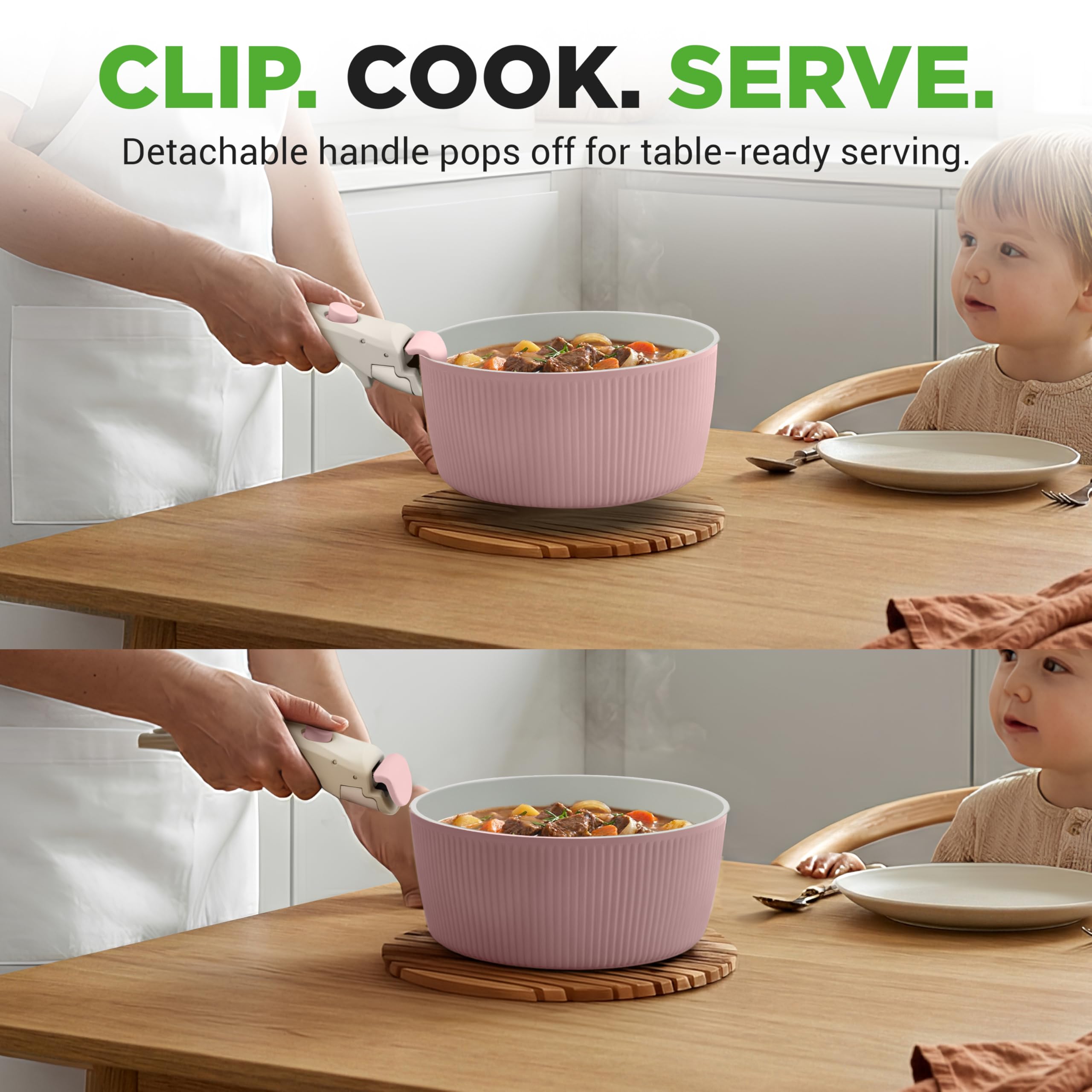 NutriChef Zestaw Naczyń Ceramicznych 18 Sztuk z Odczepianymi Rączkami, Patelnia i Garnki z Powłoką Nieprzywierającą, Powłoka Ceramiczna Bez PTFE, Oszczędność Miejsca, Do Pieca, Różowy