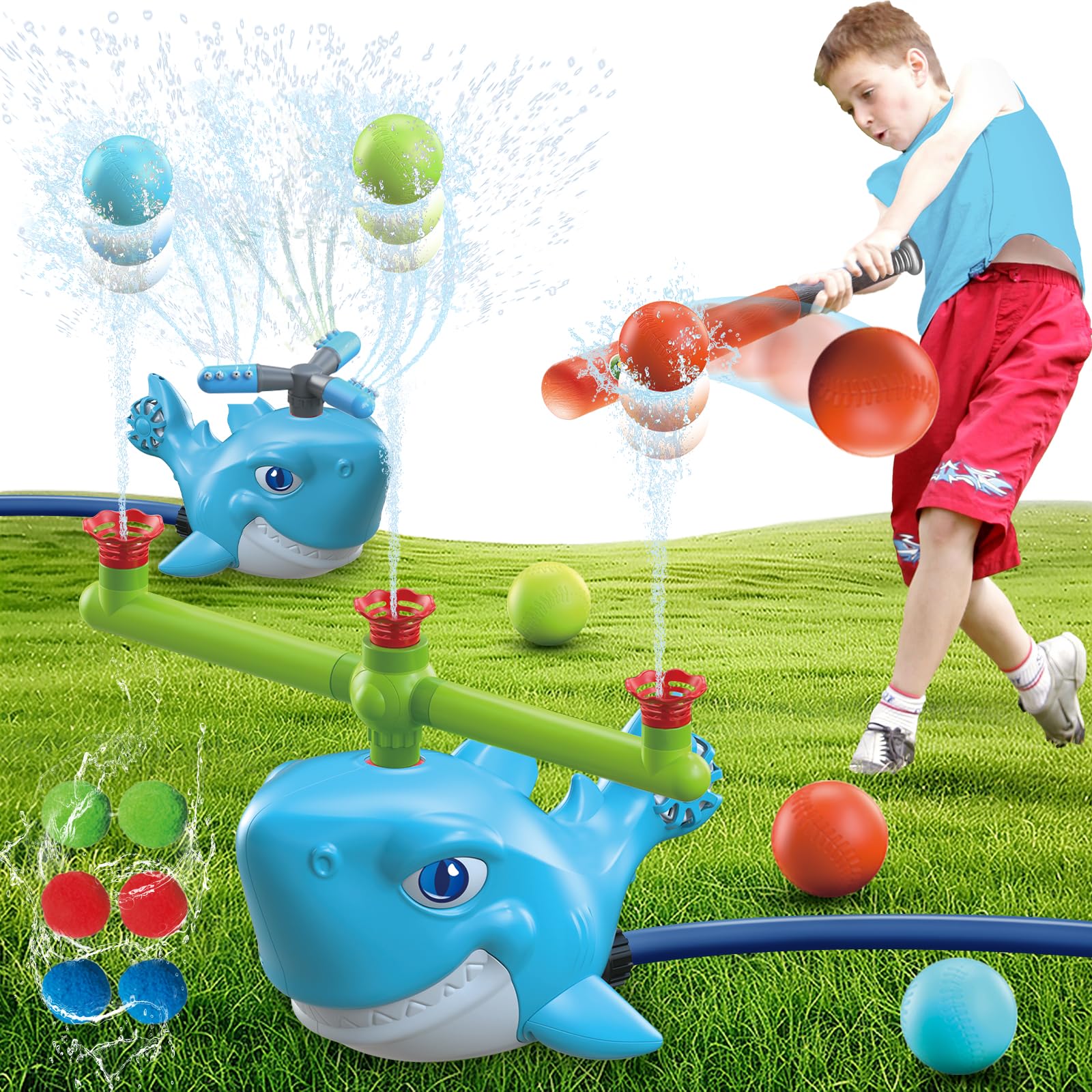 Splash Baseball Outdoor Water Toy, 3-in-1 Whale Sprinkler Set, DIY Assembly Kids Game
