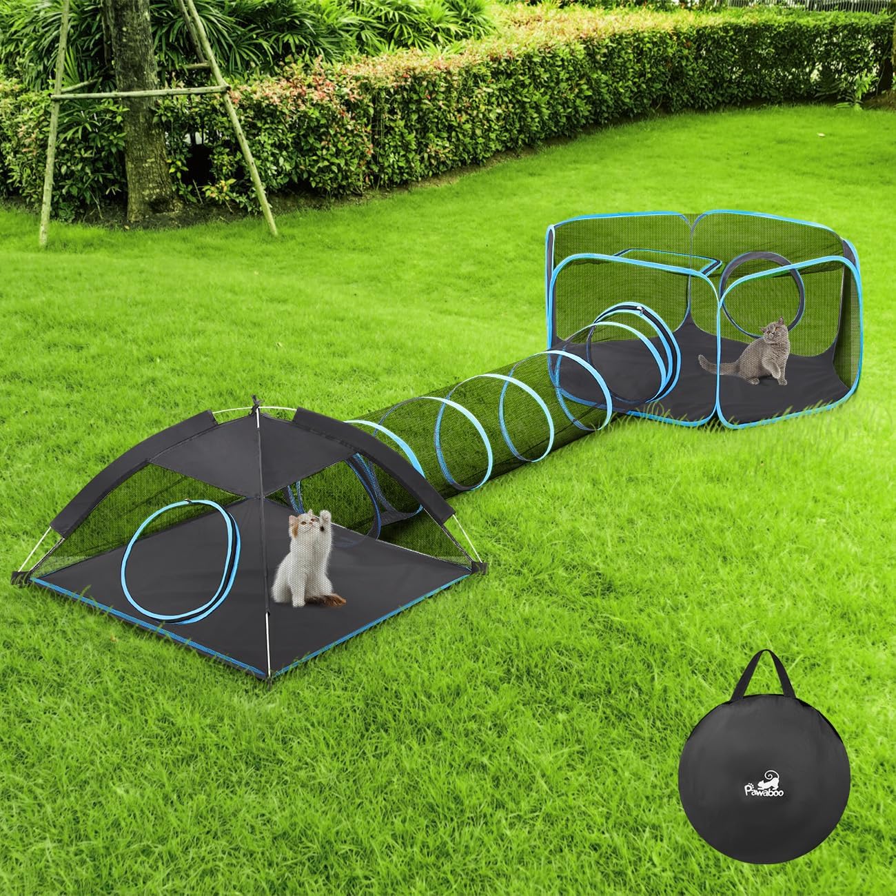 Pawaboo Tenda per Gatti con Tunnel, 3 in 1 Recinto per Gattis da Esterno con Tunnels, Recinzione per Animali Pieghevole e Portatile Box per Gatti, Include 1 Box+1 Tenda+1 Tunnel, Azzurro + Nero