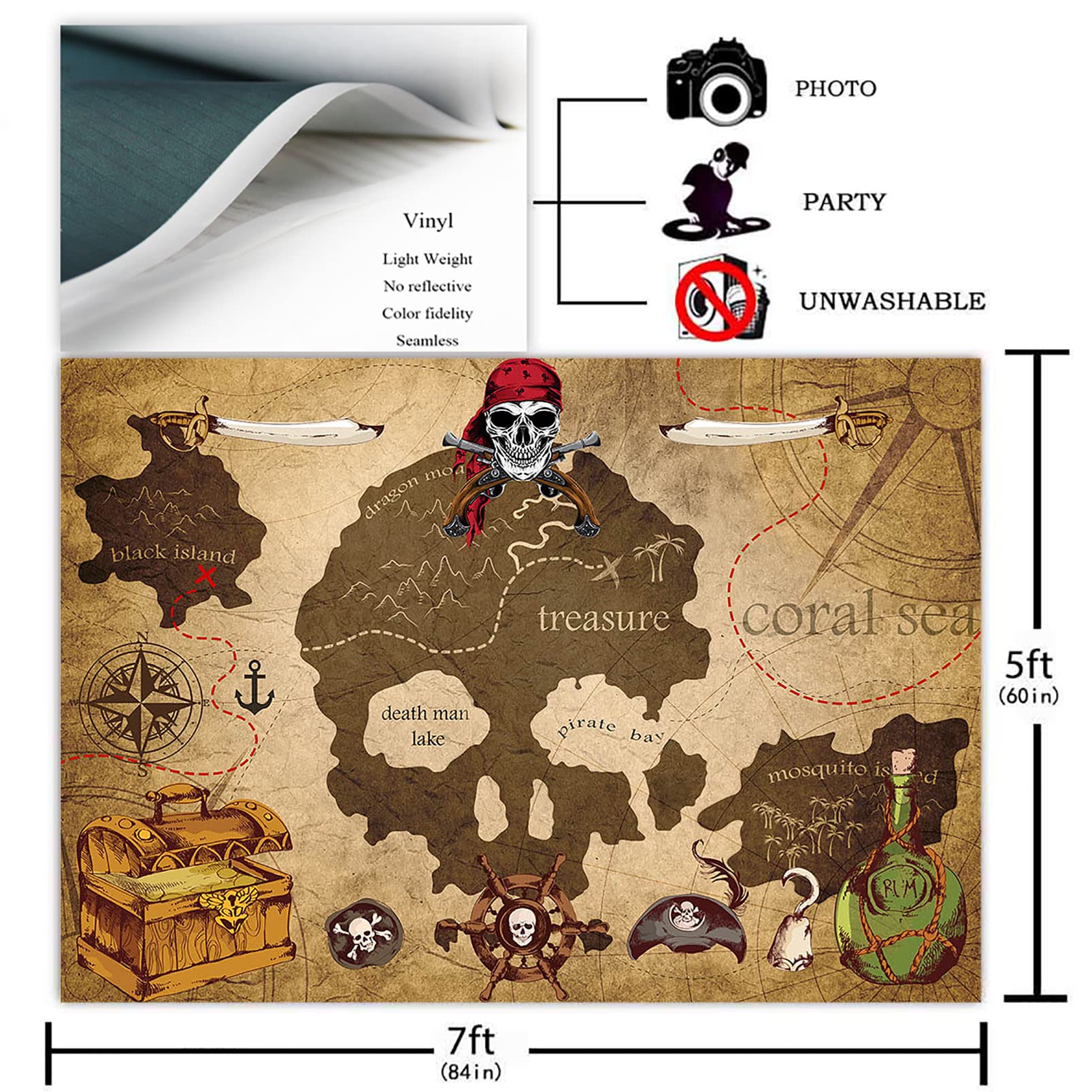Avezano Pirate Party Banner Backdrop - 70.8" X 43.3" Pirate Birthday Decorations For Boys - Treasure Hunt Theme Party Supplies - View #10