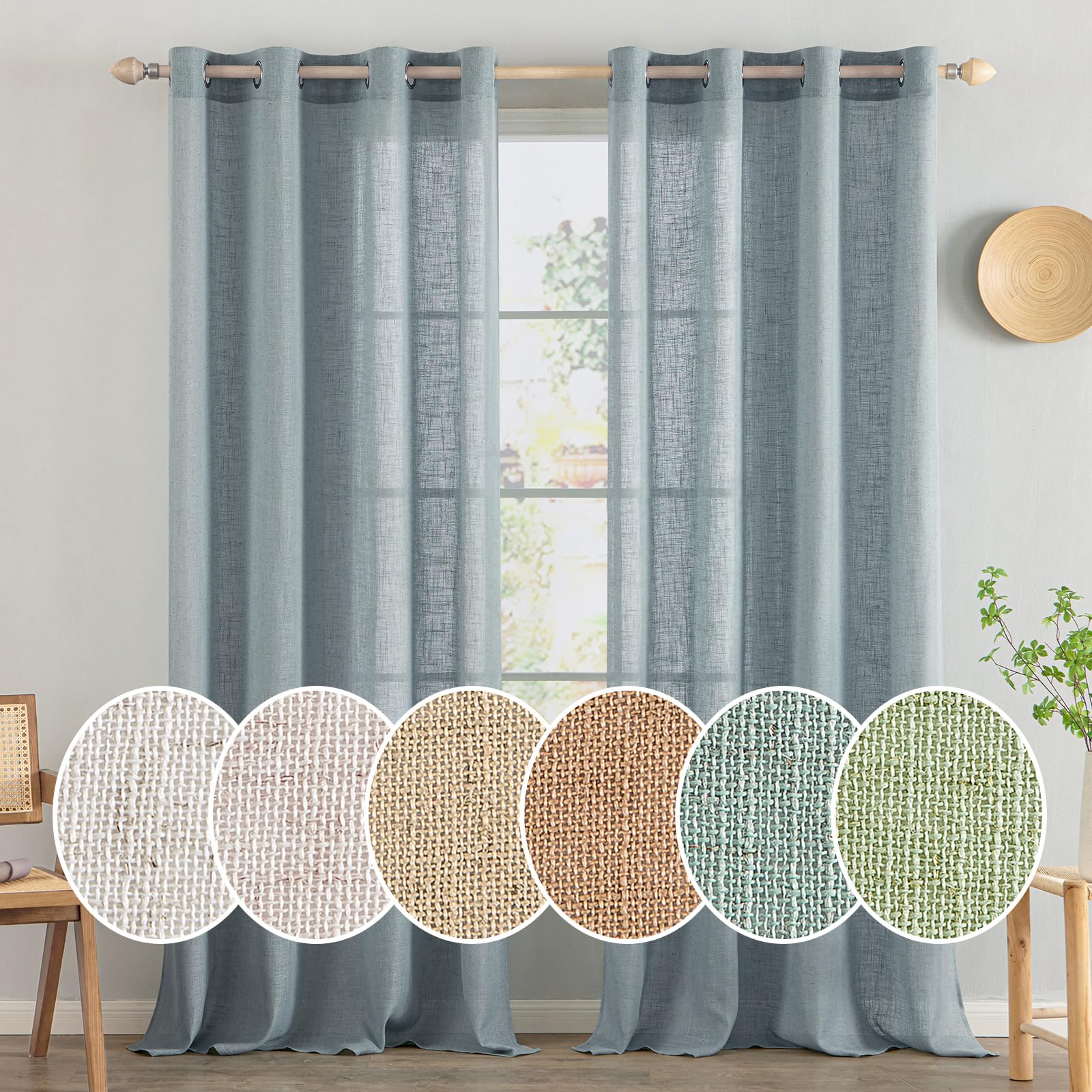 MIULEE Linen Stone Blue Curtains 90 Inch Long 2 Panels for