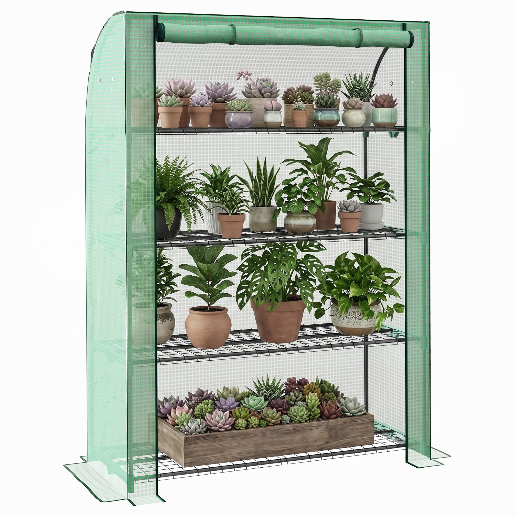 Outsunny 4 Tier Mini Greenhouse with Reinforced PE Cover, Portable Indoor Outdoor Green House with Roll-up Door and Wire Shelves, 170H x 120W x 50Dcm, Green