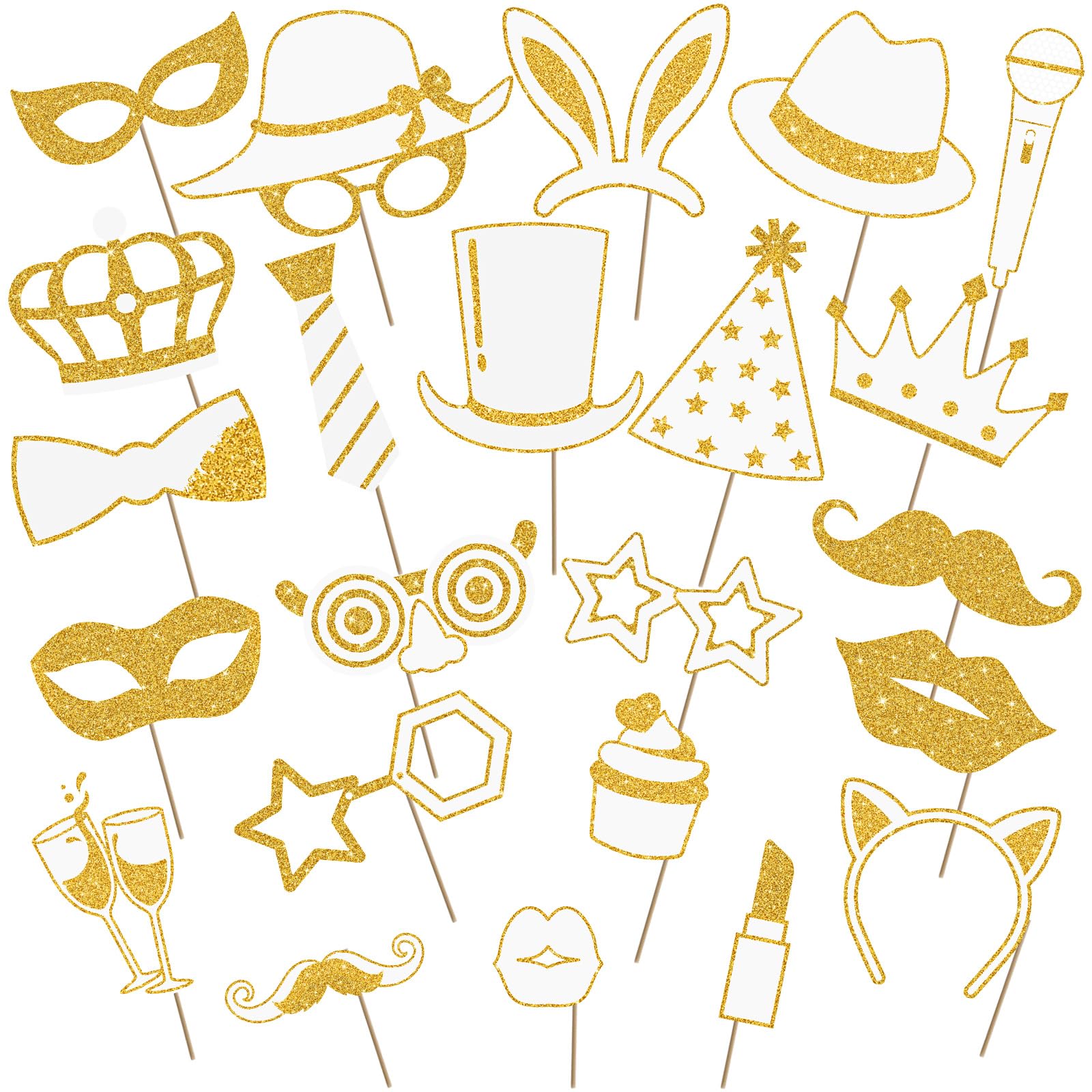 24 Pieces Funny Photo Booth Props for Birthday Weddings Prom Disco Mardi Gras Party Supplies Mix of Hats, Lipstick, Tie, Crowns(White and Gold)