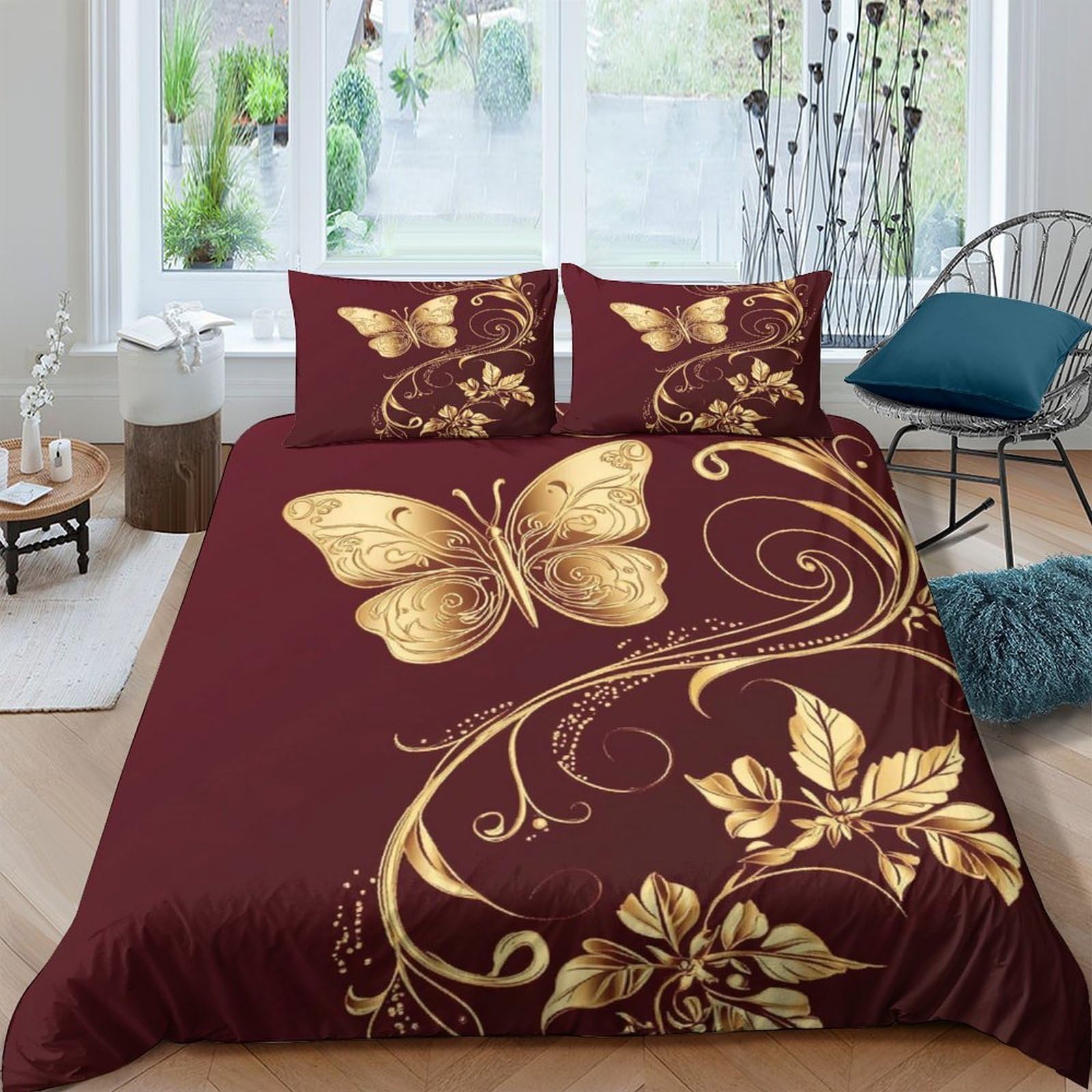 Ctjqhvkz Style-6 3D Printed Golden Butterfly Fitted Sheet Microfiber Maroon Floral Mattress Cover For Bedroom Dorm Decorative Protection Single（135X200cm）
