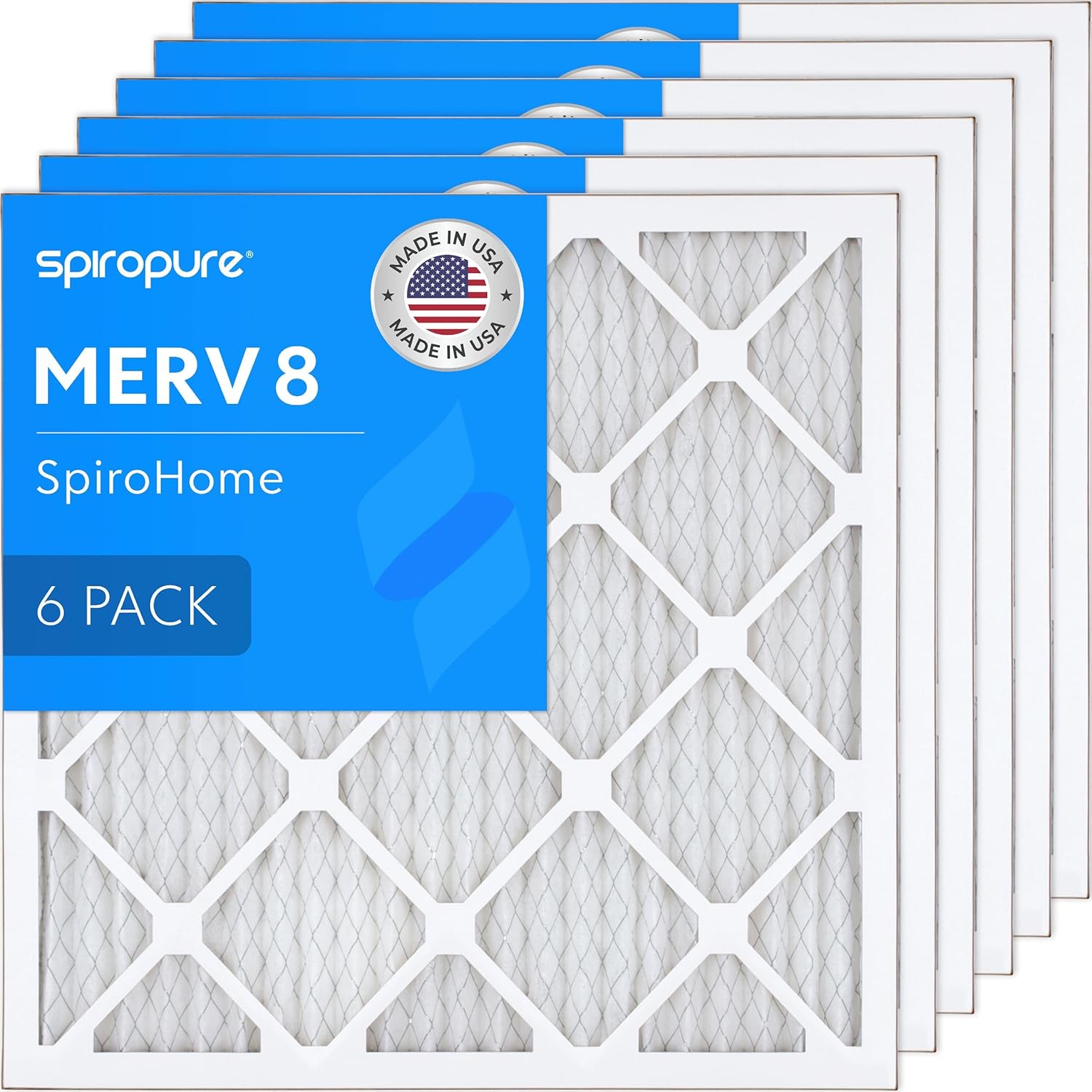 SpiroPure 19.50X19.5X1 MERV 8 Pleated Air Filters - Made in USA (6 Pack)