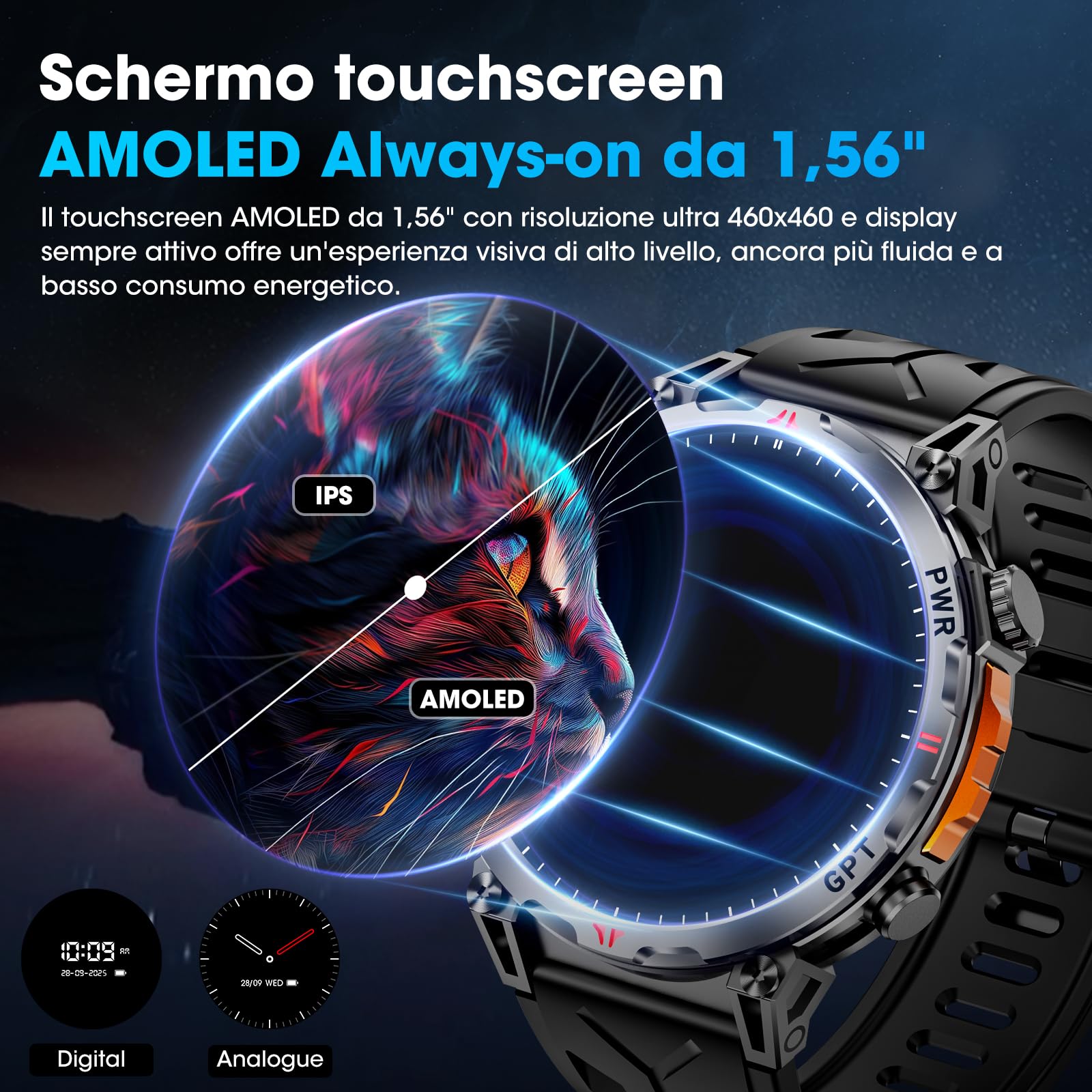 Orologio intelligente militare con GPS, orologio intelligente con assistente vocale GPT/LED Flashlight Compass,a schermo AMOLED da 1,56" Per uomini, compatibile con Android e iOS (Nero)