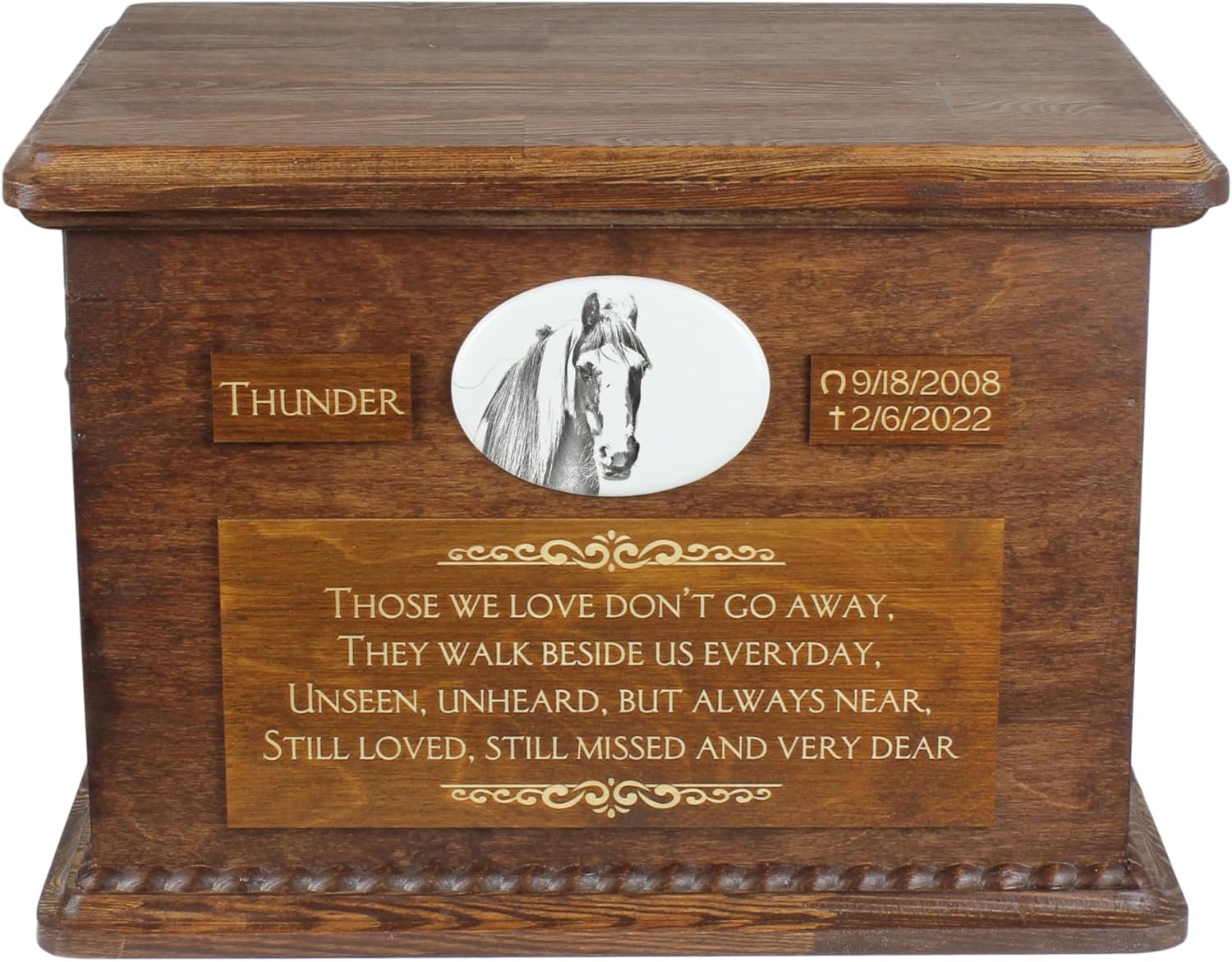 Art-Dog Big Urn for Horse Ashes - Handmade Memorial with Photo - Personalized Custom Horse Urn with Brass Handles and Ceramic Plaque - 15.7x11.8x11” – Fell Pony