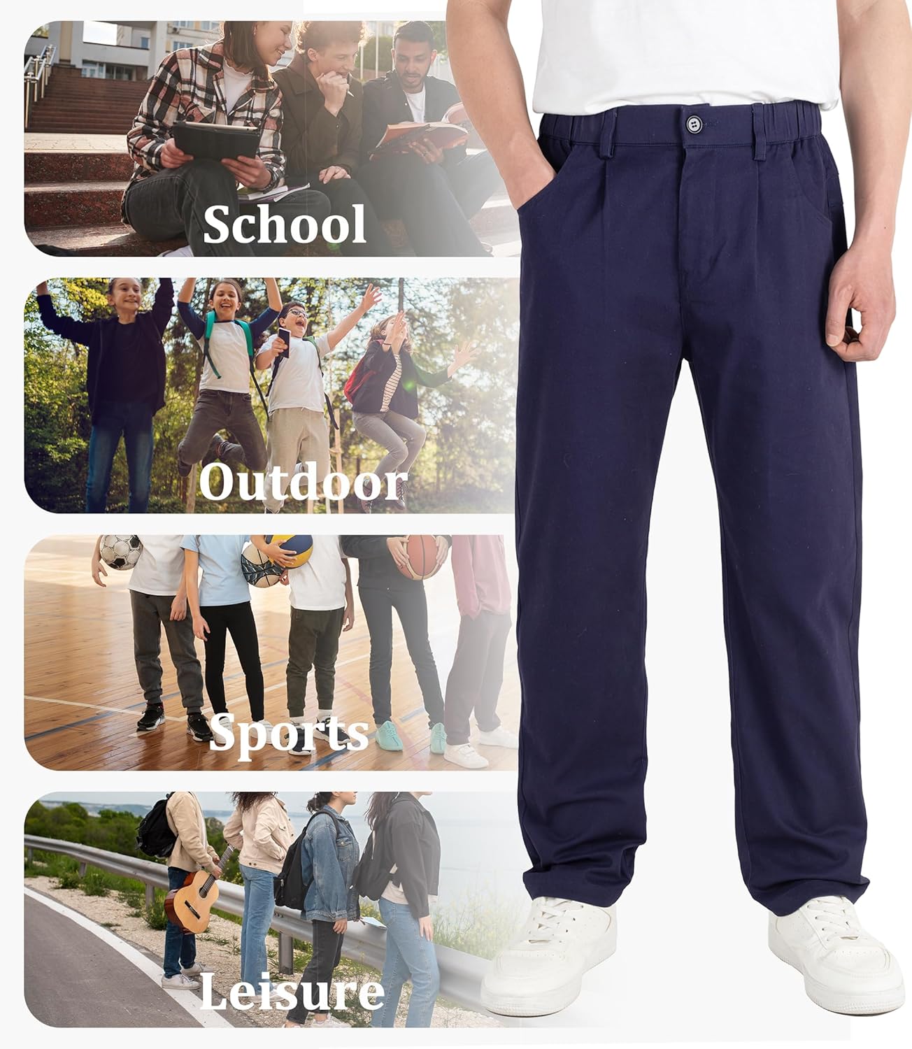 CAMLAKEE Boys' Pleated Dress Pants Kids Elastic Waist Twill Straight Leg School Uniform Pants - Image 3