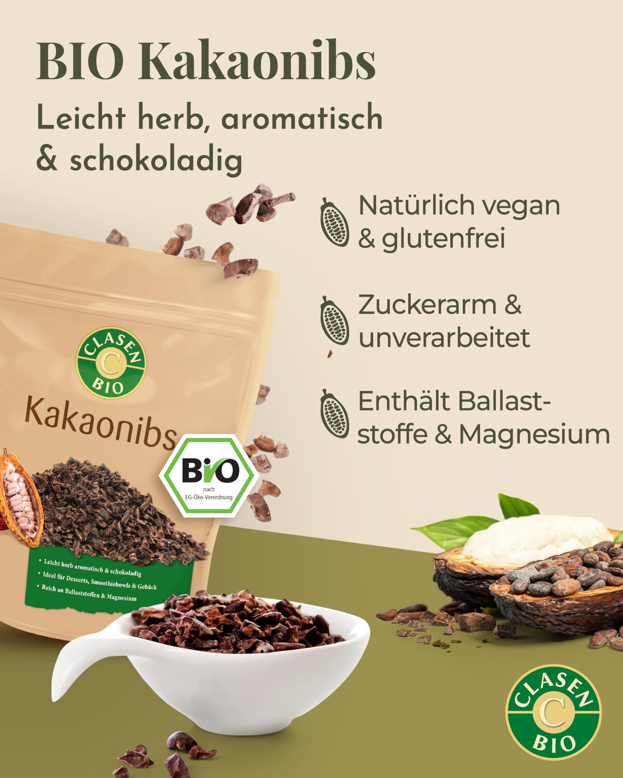 CLASEN BIO – Kakao Nibs 6x200g Bundle – Klein geschrotete Kakaobohnen herb-aromatisch & schokoladig – Kakaonibs ideal für Desserts, Smoothiebowls & Gebäck – Reich an Ballaststoffen & Magnesium