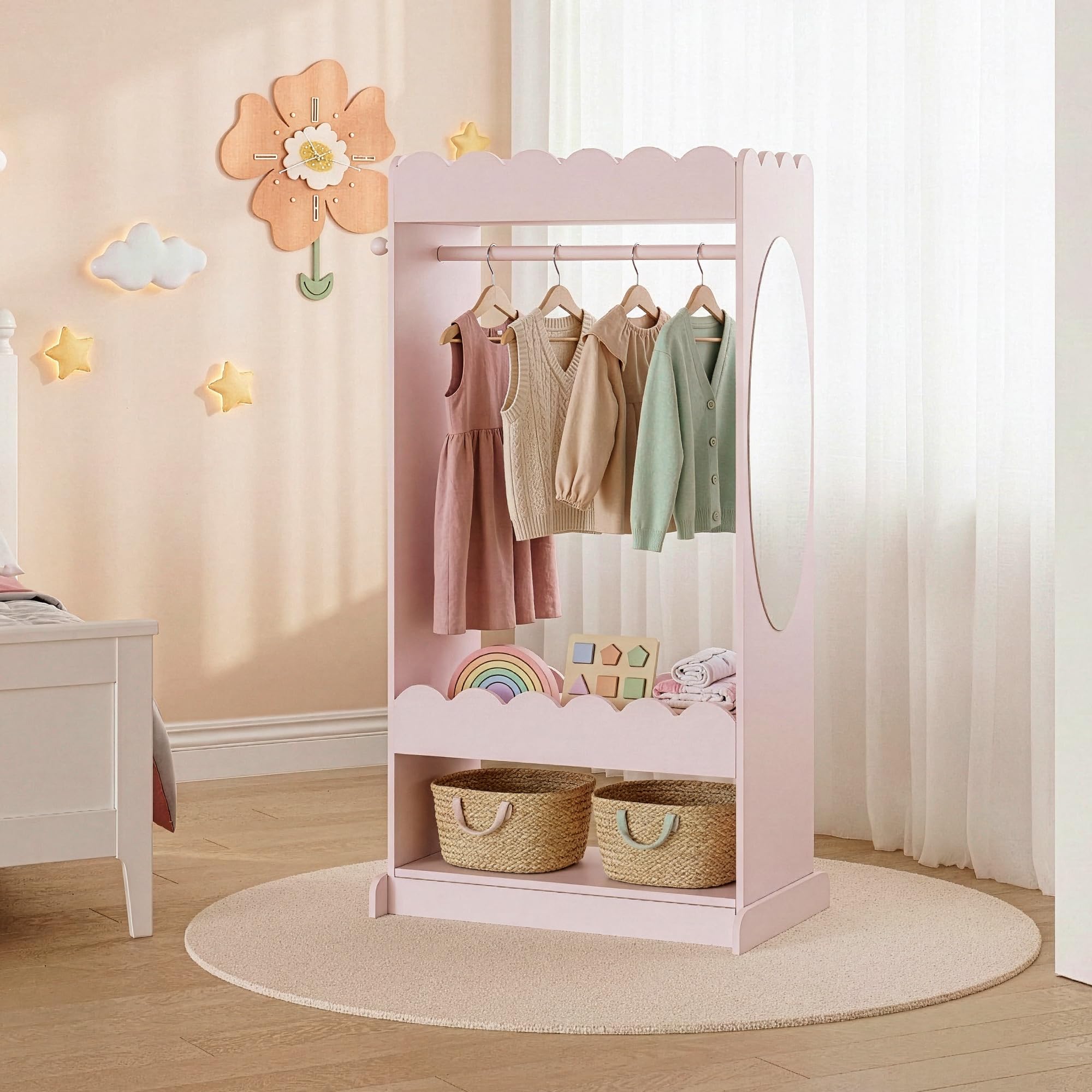 [en.casa] Perchero Burro Infantil Vestnes con Espejo Ovalado Barra para Colgar 3 Ganchos 2 Estantes + Zapatero Portaropa Guardaropa Dormitorio MDF 120 x 63 x 38 cm - Algodón de azúcar