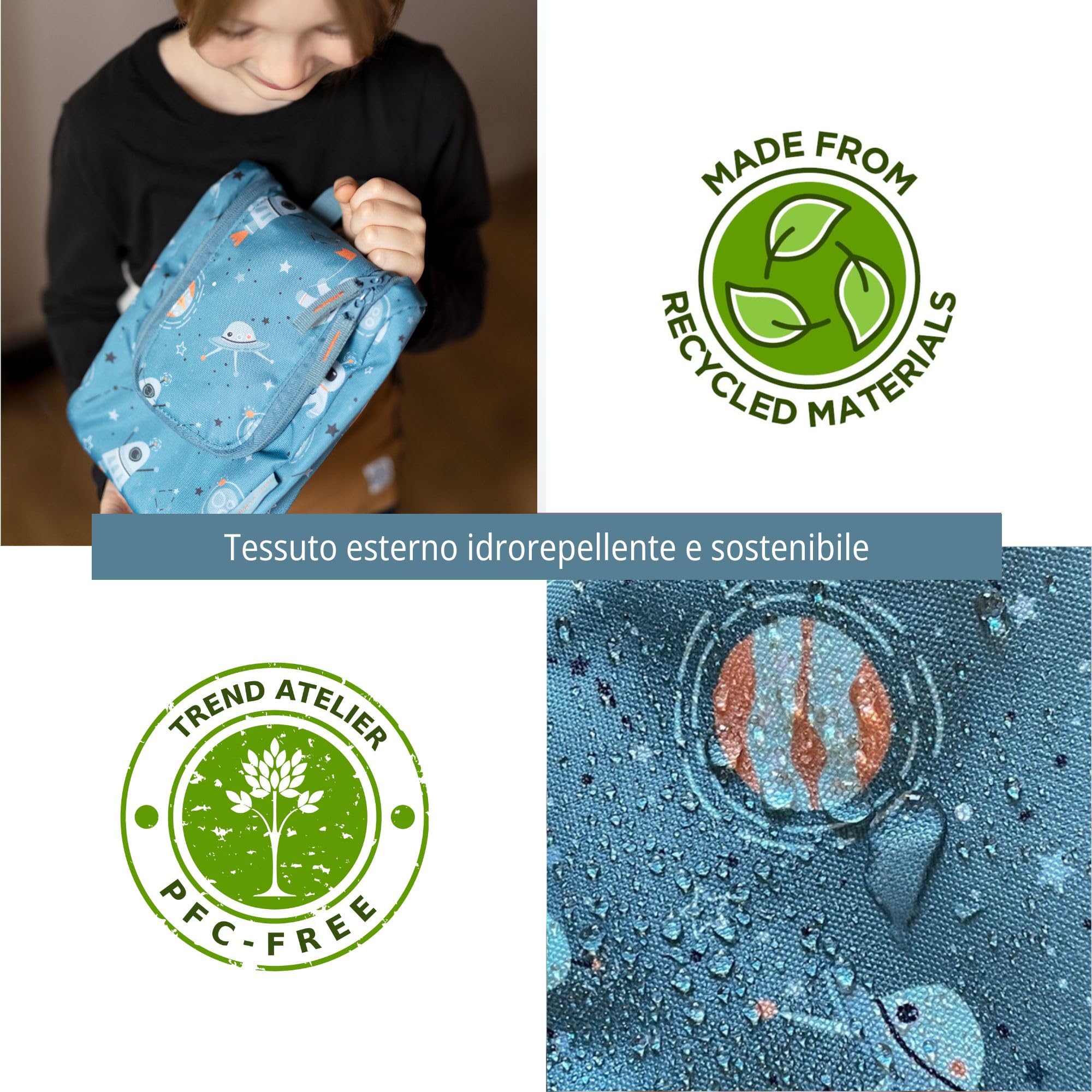 Beauty case bambini poliestere riciclato borsa da bagno sostenibile idrorepellente appendere Spazio Blu