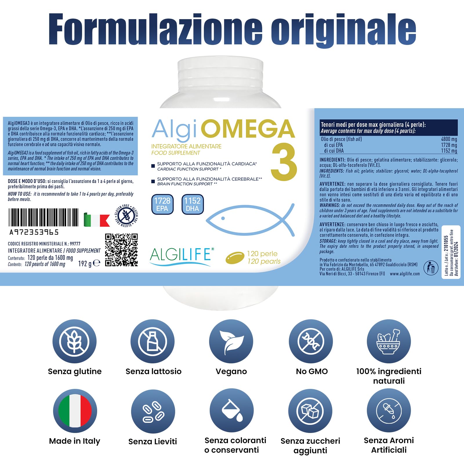 Omega-3 ALGILIFE (120 Perle, scorta 1-4 mesi), Omega 3 per cani e persone, Omega3 1200mg, Olio di Pesce Omega 3 Capsule, 432 EPA e 288 DHA con Vitamina E 5mg, Omega 3 Ifos