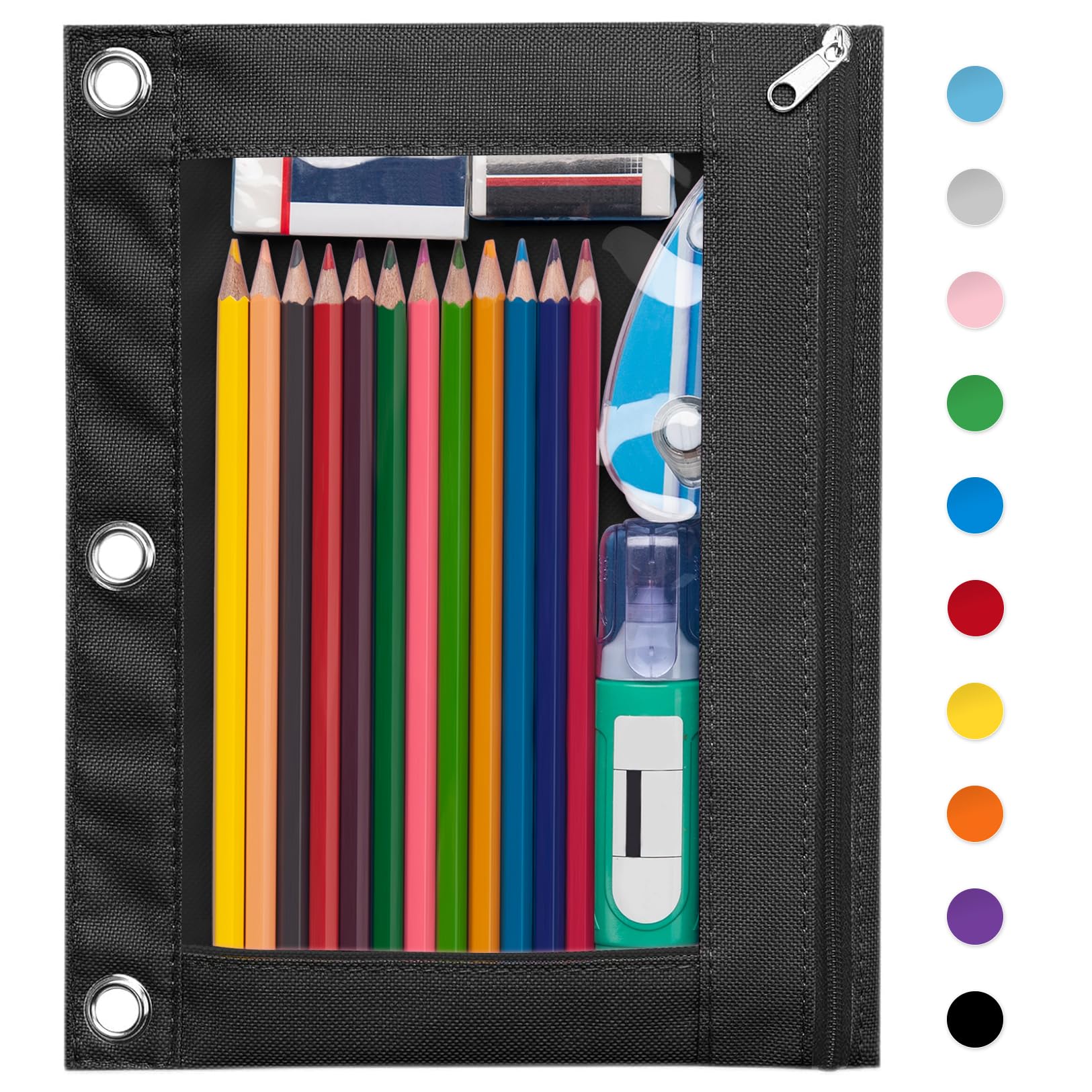Forvencer Pencil Pouch for 3 Ring Binder, Large Pencil Case Pouch with 3 Reinforced Grommets, Pen Bag, Clear Window Pencil Case, Binder Accessories, Black