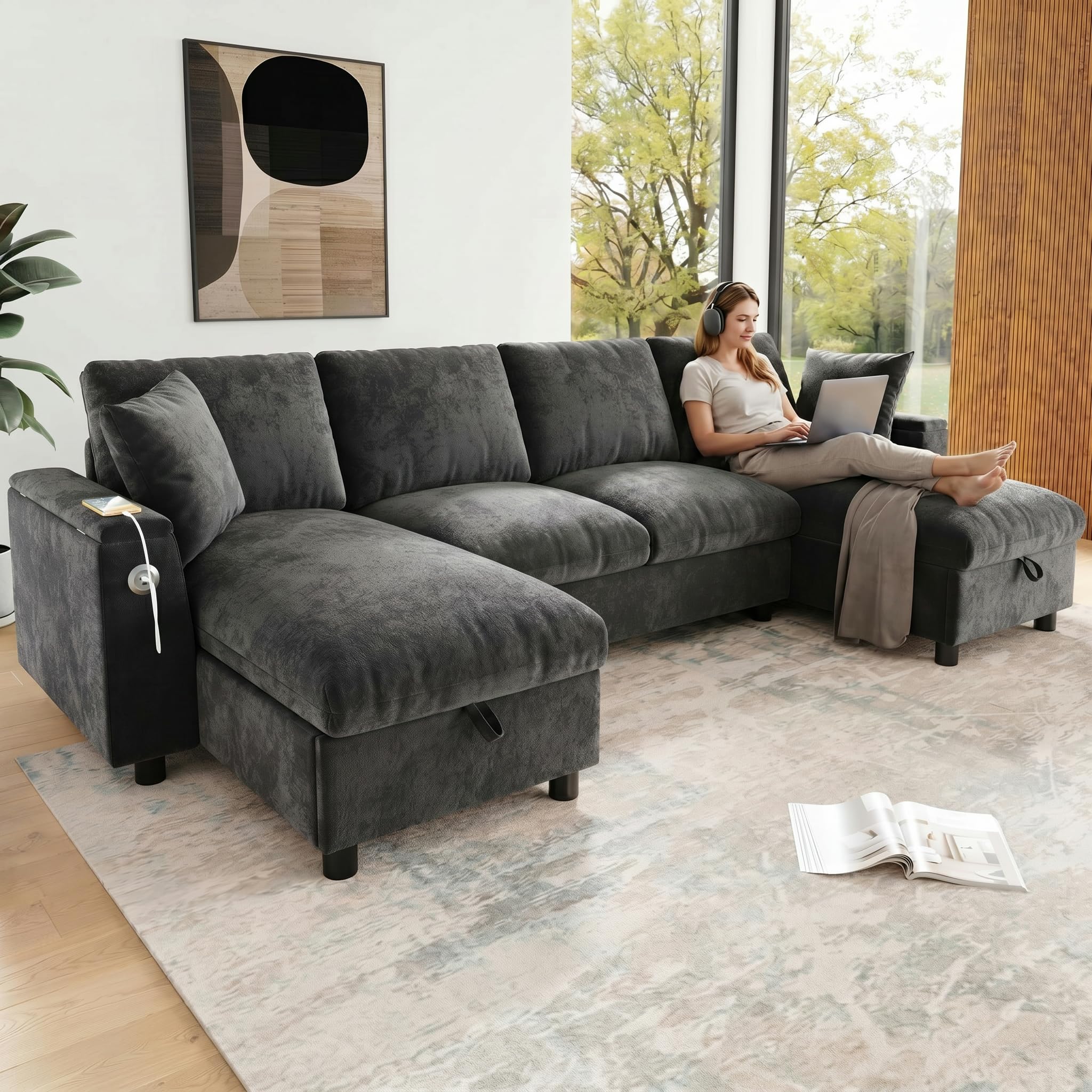 Muskel Chenille Wohnland 284 × 135 cm, sofá esquinero en forma de U con dos chaise longues y 2 plazas, sofá con espacio de almacenamiento abatible, cómodo sofá para salón, gris
