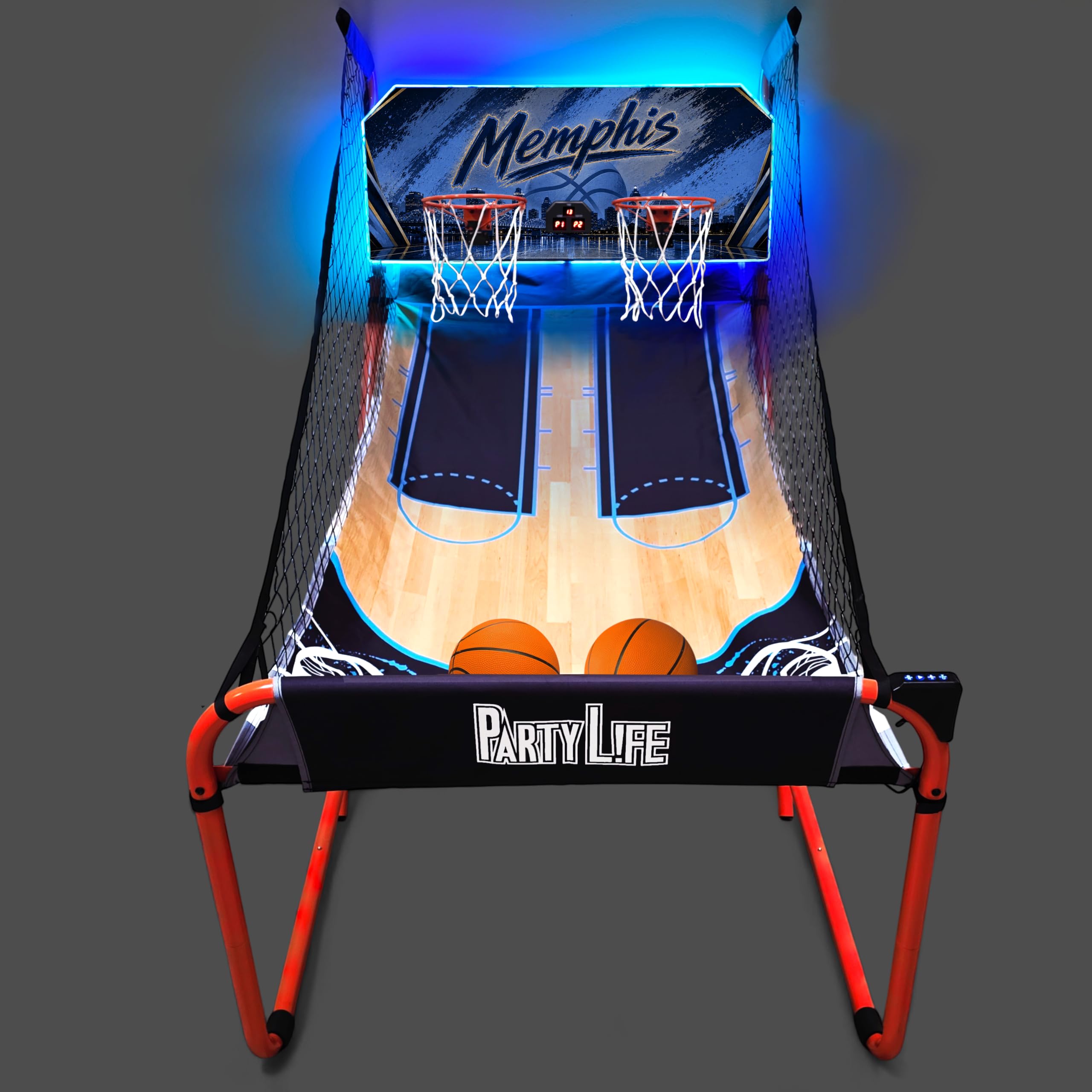 PartyLife 2-Player Basketball Arcade Game w/LED Lights | Electronic Scoring | 5 Balls, 1 Pump, 8 Games | Folding Design | Heavy-Duty Steel Frame