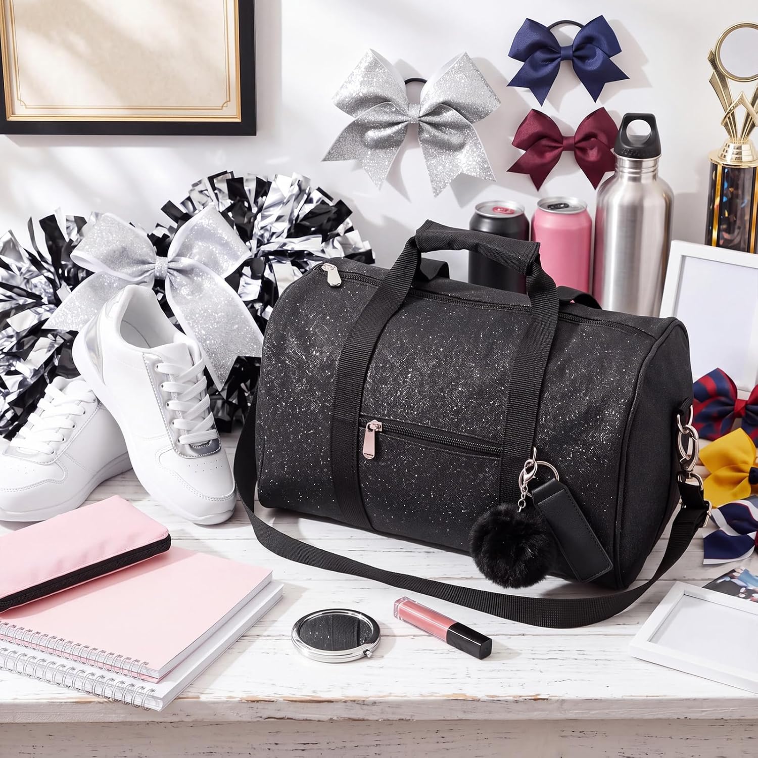 2 Pcs Glitter Cheer Duffel Bag Cheerleading Ballet Dance Bag, Black