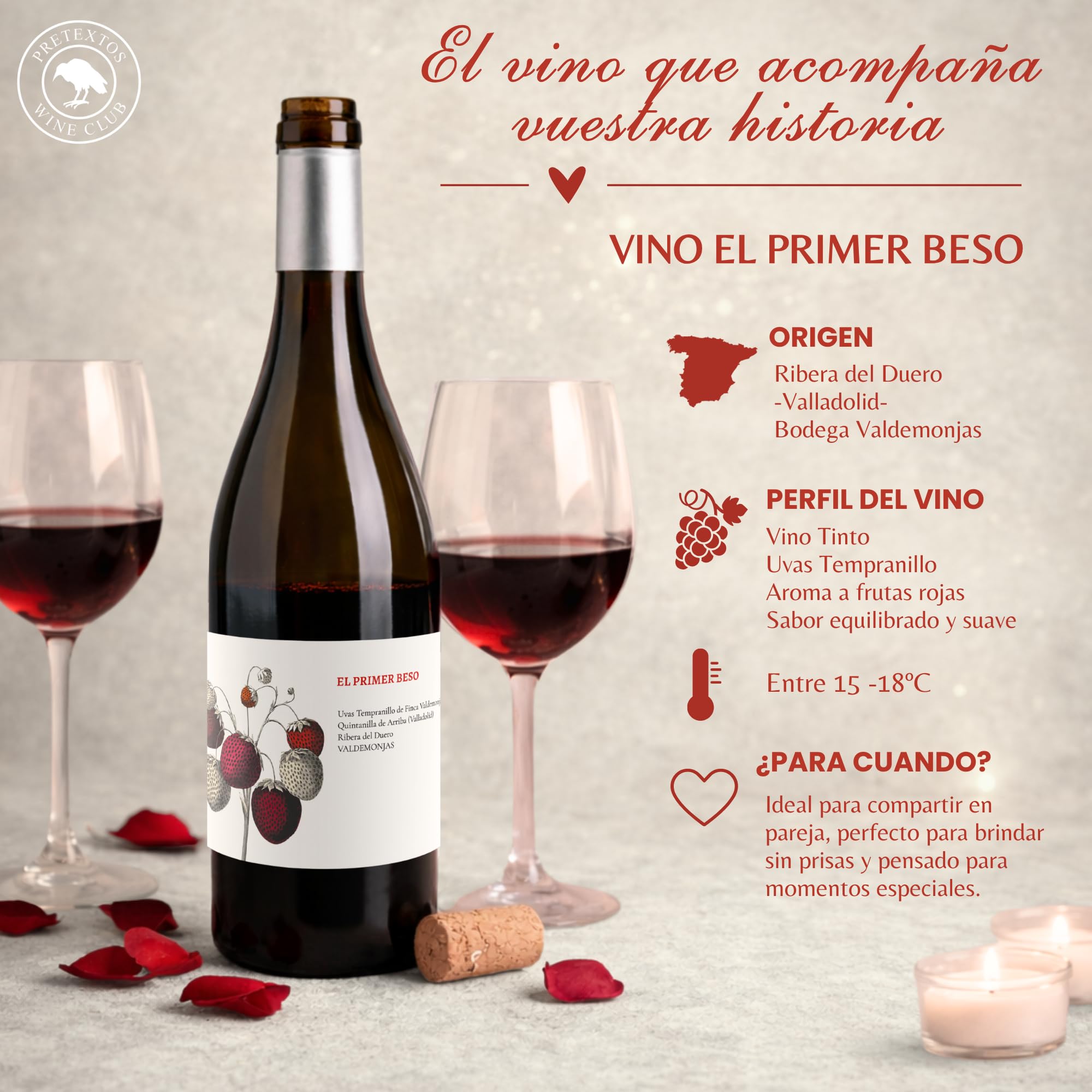 Caja Regalo Botella Vino Tinto Ribera Del Duero San Valentin. Regalos Originales Para Hombre | Regalo Pareja | Regalo Aniversario | Regalo San Valentin | Cata De Vino | Vino Ribera El Primer Beso