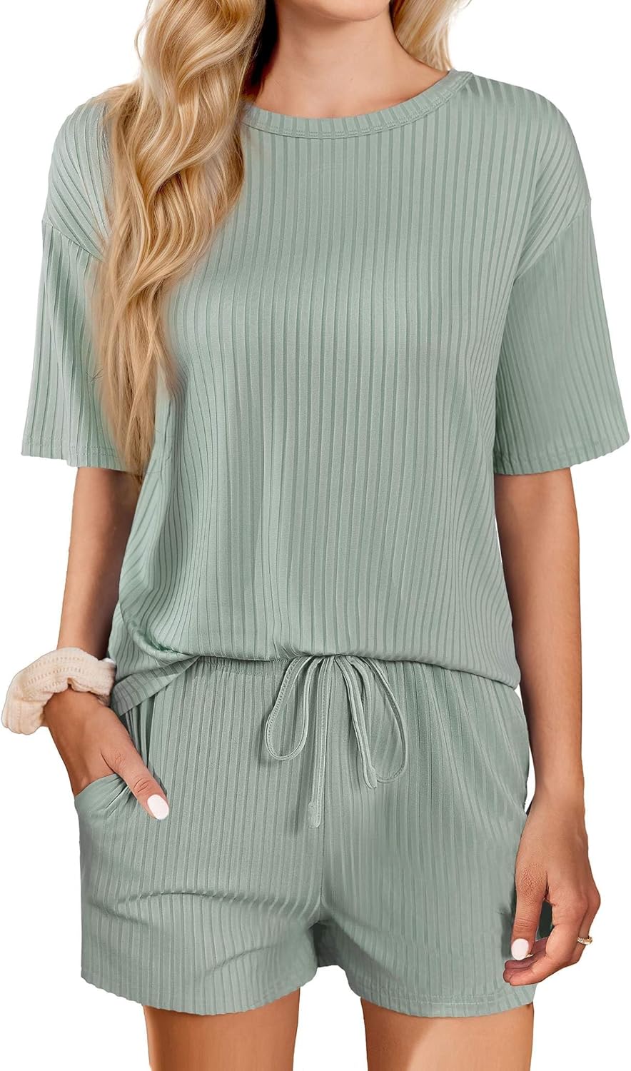 Ekouaer Short Sleeve Pajamas Set Ribbed Knit Lounge Sets for Women Pjs Shorts Set Two Piece Shorts Outfits Set