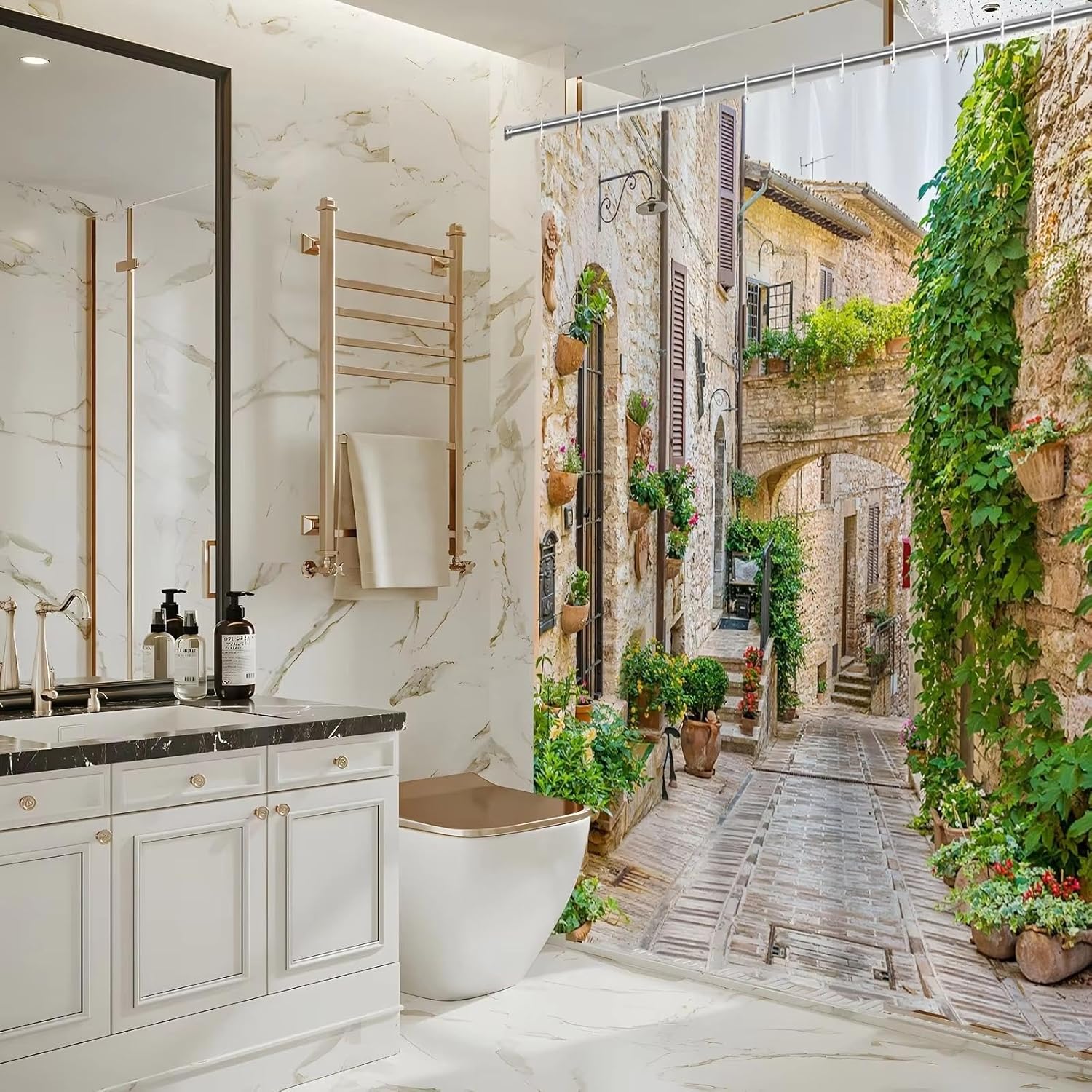 Charming European Village Bath Curtain - Stone Walls Greenery Waterproof Home Decor Adds Rustic Charm to Your Bathroom 65x72in-165x183cm/WxH