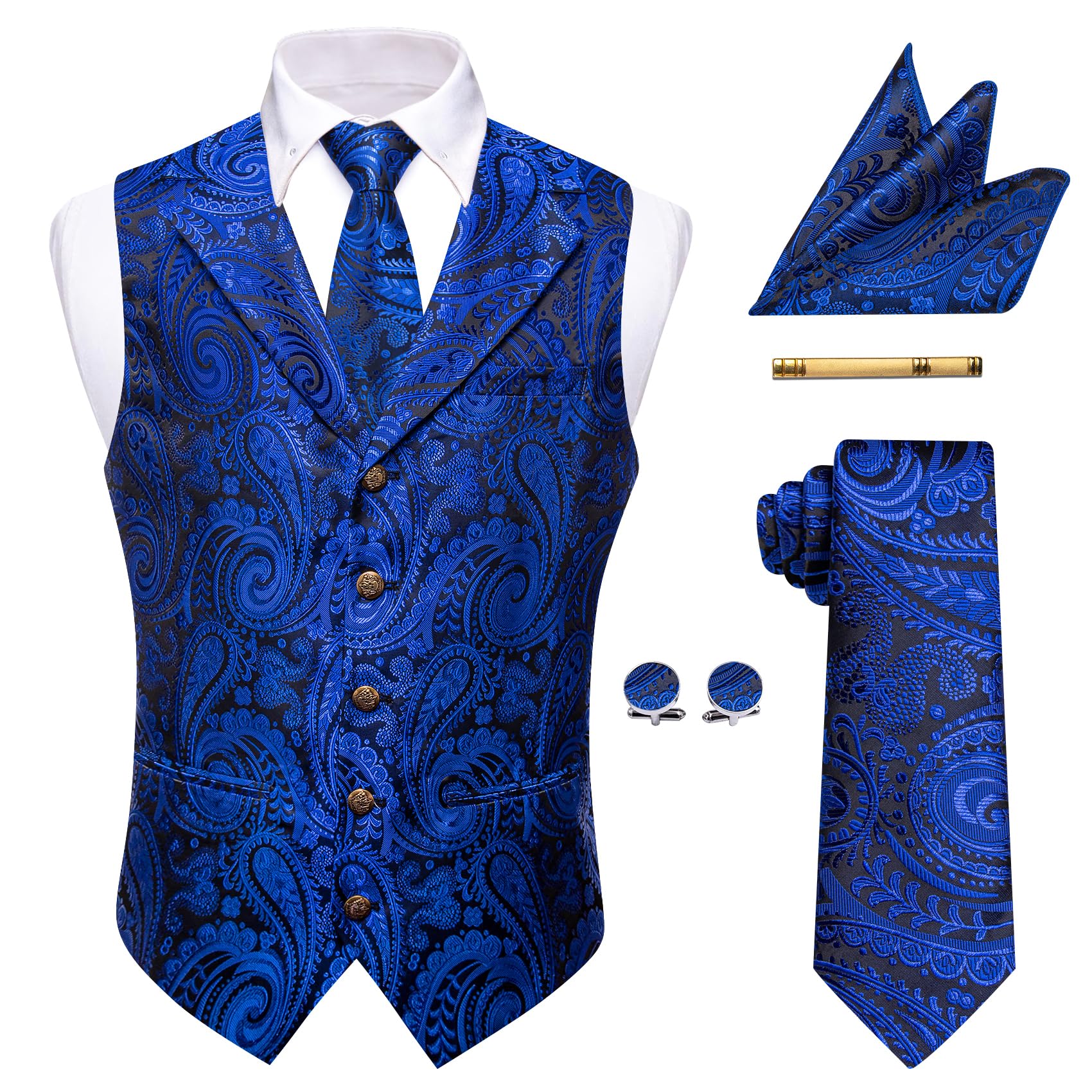 YourTies Mens Victorian Vest Tie Set Silk Paisley Suit Vests Formal Waistcoat Gothic Steampunk Vest with Notched Lapels, Blue Black, X-Large
