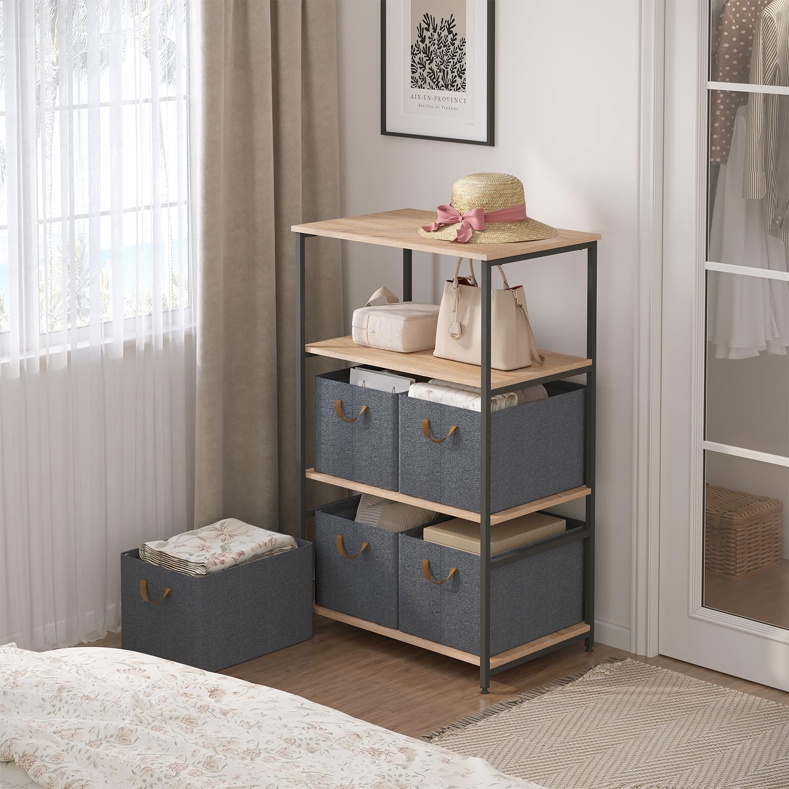 WOLTU Set di 5 Scatole Portaoggetti Pieghevoli, Scatole Portaoggetti Pieghevoli in Tessuto con Manici, per Vestiti e Giocattoli, Grigio, 42x32x26 cm