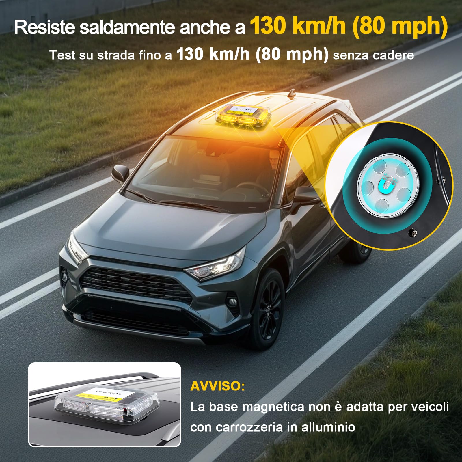 Lampeggiante Arancione a 90 LED con Magnete - Luce di Avvertimento 12V 24V, Cavo da 3 m, Impermeabile IP65, 16 Modalità per Camion, Attrezzature Edili, Agricoltura