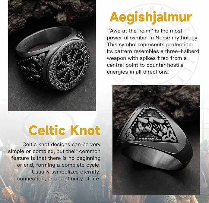 Nordic Battle Axe Ring Viking Vegvisir Pirate Compass Rings Stainless Steel/18K Gold Plated/Black Norse Symbol Vintage Jewelry for Men Women Send Gift Box
