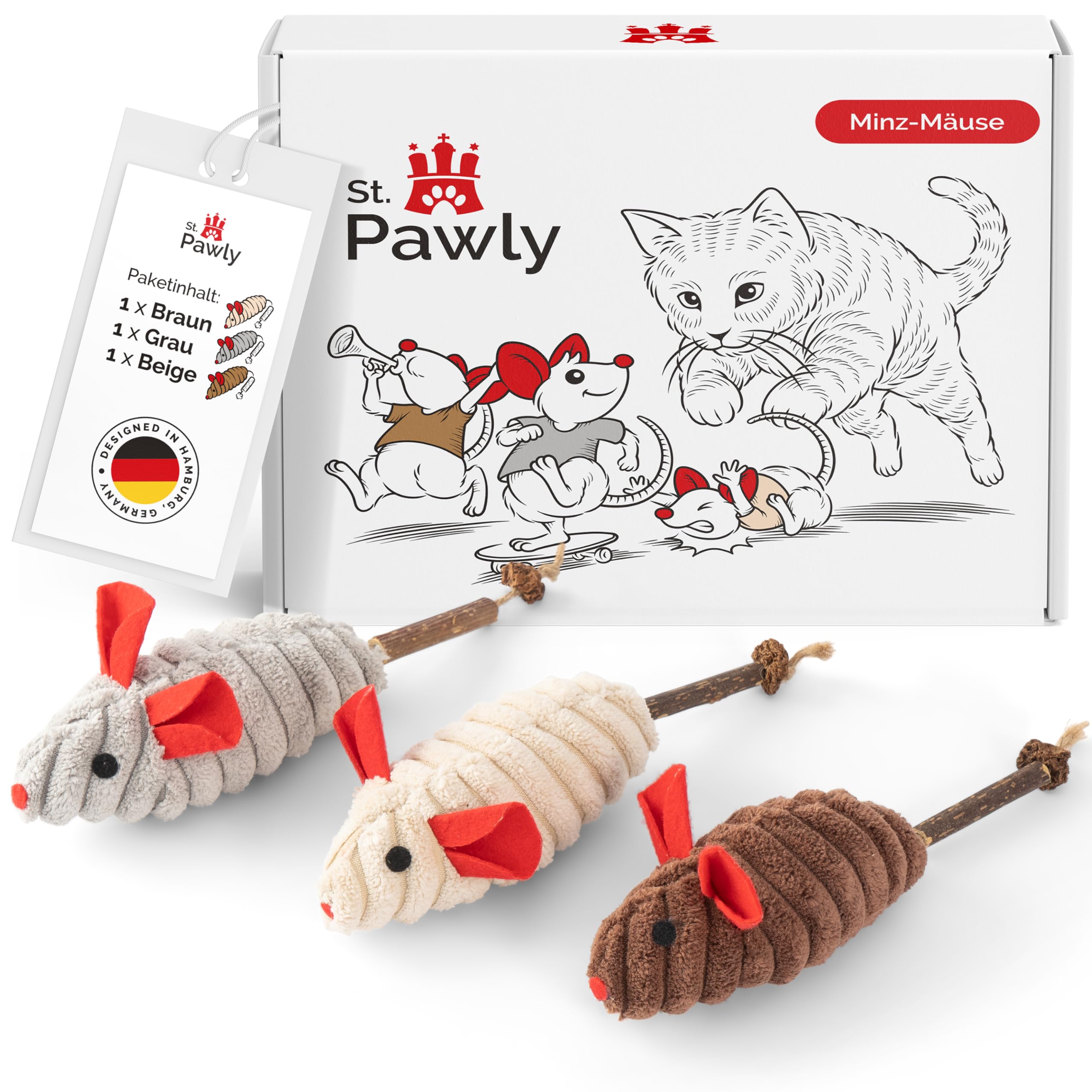 ST.PAWLY® Minz-Mäuse - Katzenspielzeug - Katze Maus - Selbstbeschäftigung - Spielzeugmäuse für Katzen, Katzenminze - Matatabi Stick - Katzenspielzeug Natur
