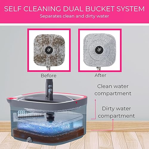 Miniatura 19 de TRUE & TIDY Sistema de trapeador giratorio cuadrado y cubeta – Doble cámara para agua limpia y sucia, trapeador giratorio de 360° con cepillo