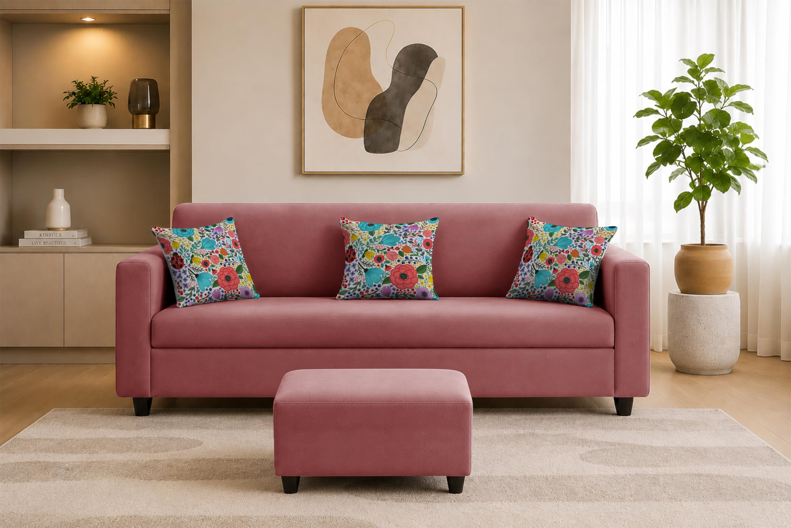 Rosebell 3 Seater Sofa with Ottoman | Living Room Couch | with Printed Cushions | Sofa for Home, Apartment & Office-Rose Pink Color discount deal