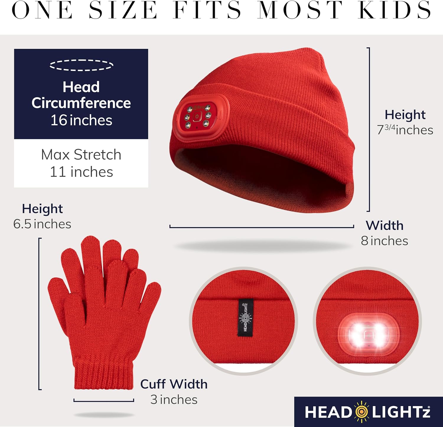 HEAD LIGHTZ by Roq Innovation - Kids Beanie with Light & Glove Set - Unisex LED Beanie Hat with Light Built in, Rechargeable